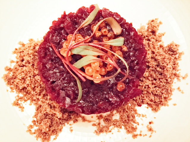 Beetroot tartare, horseradish, rye, smoked trout roe