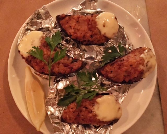 Baked mussel with pepperoni rice. 