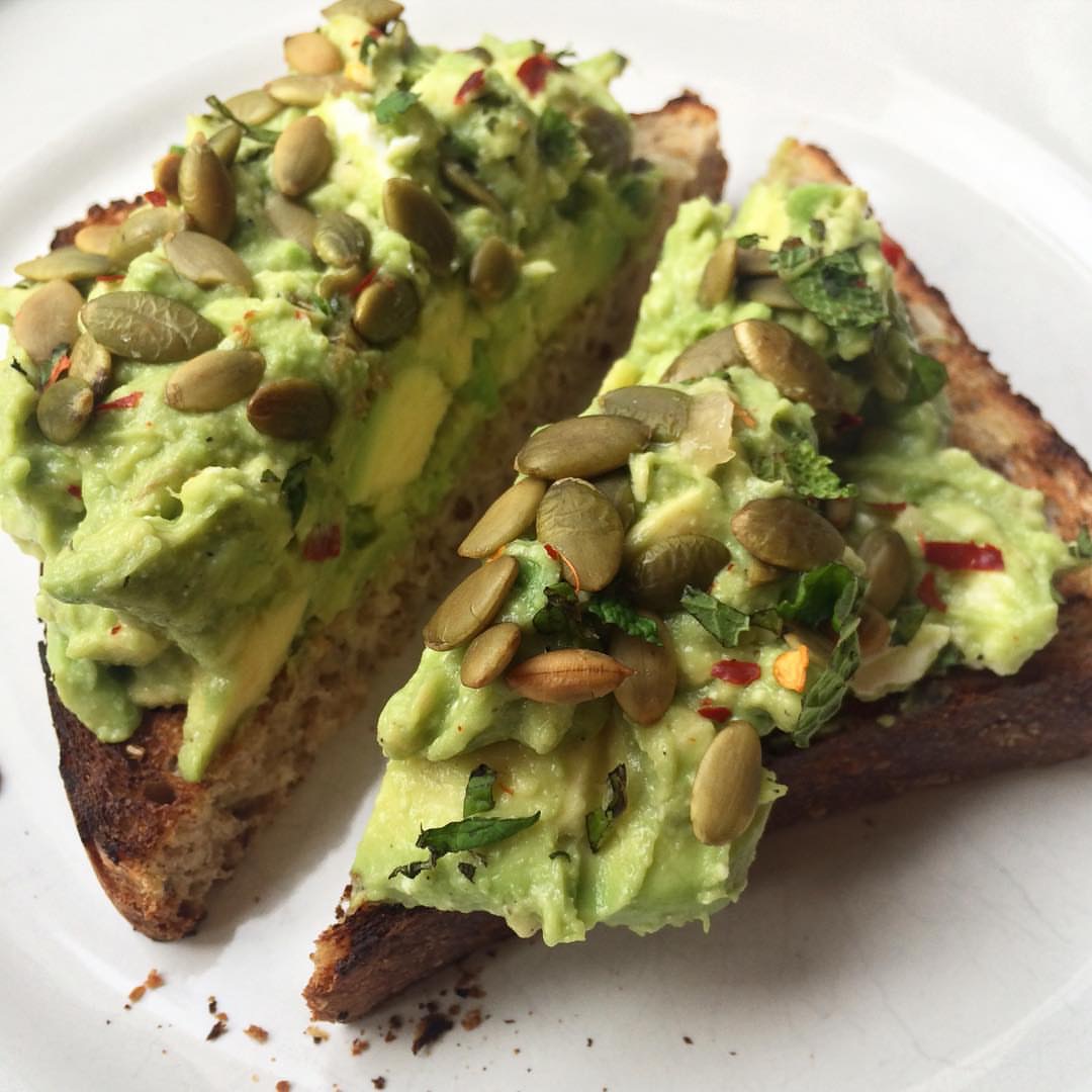 Avocado toast with pumpkin seeds and chili flakes PC: doordash_nyc