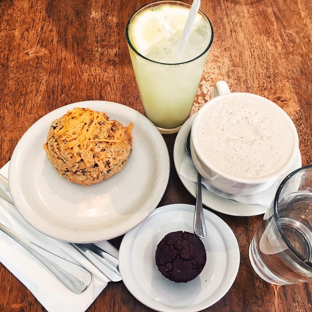 Brazilian nut chai, "wake up" juice, mini brownie, "cheddar" biscuit 