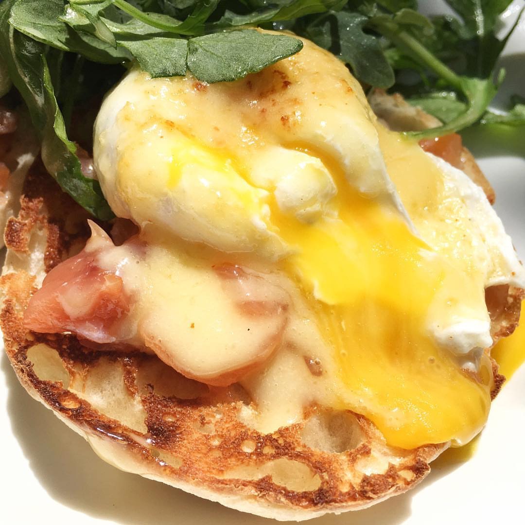 Salmon eggs benedict with a side salad