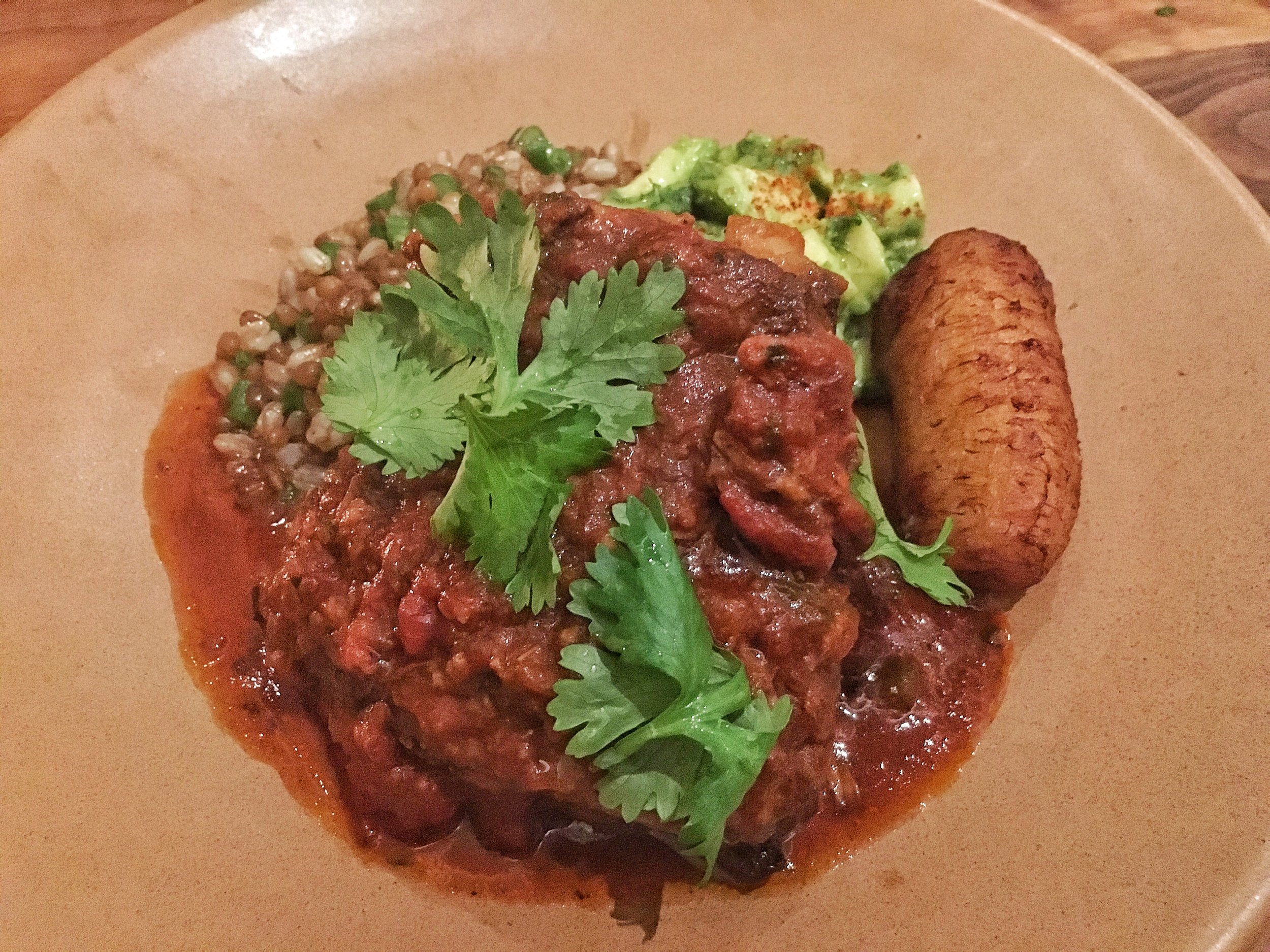 Tomato goat ribs, farro, avocado, plantains