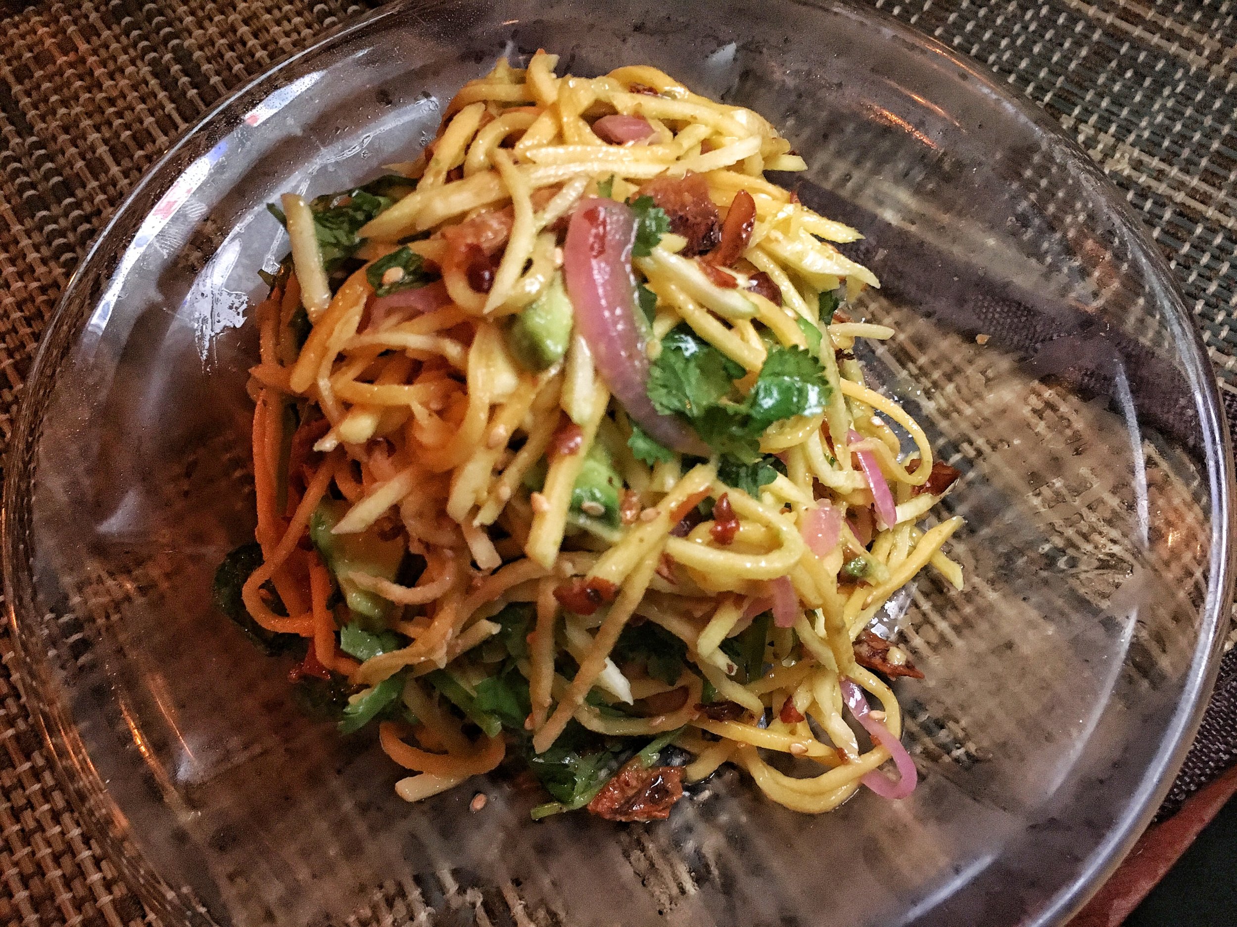 Yum Mamoung- green mango salad-avocado, crispy dried squid, crushed peanut, chile and lime