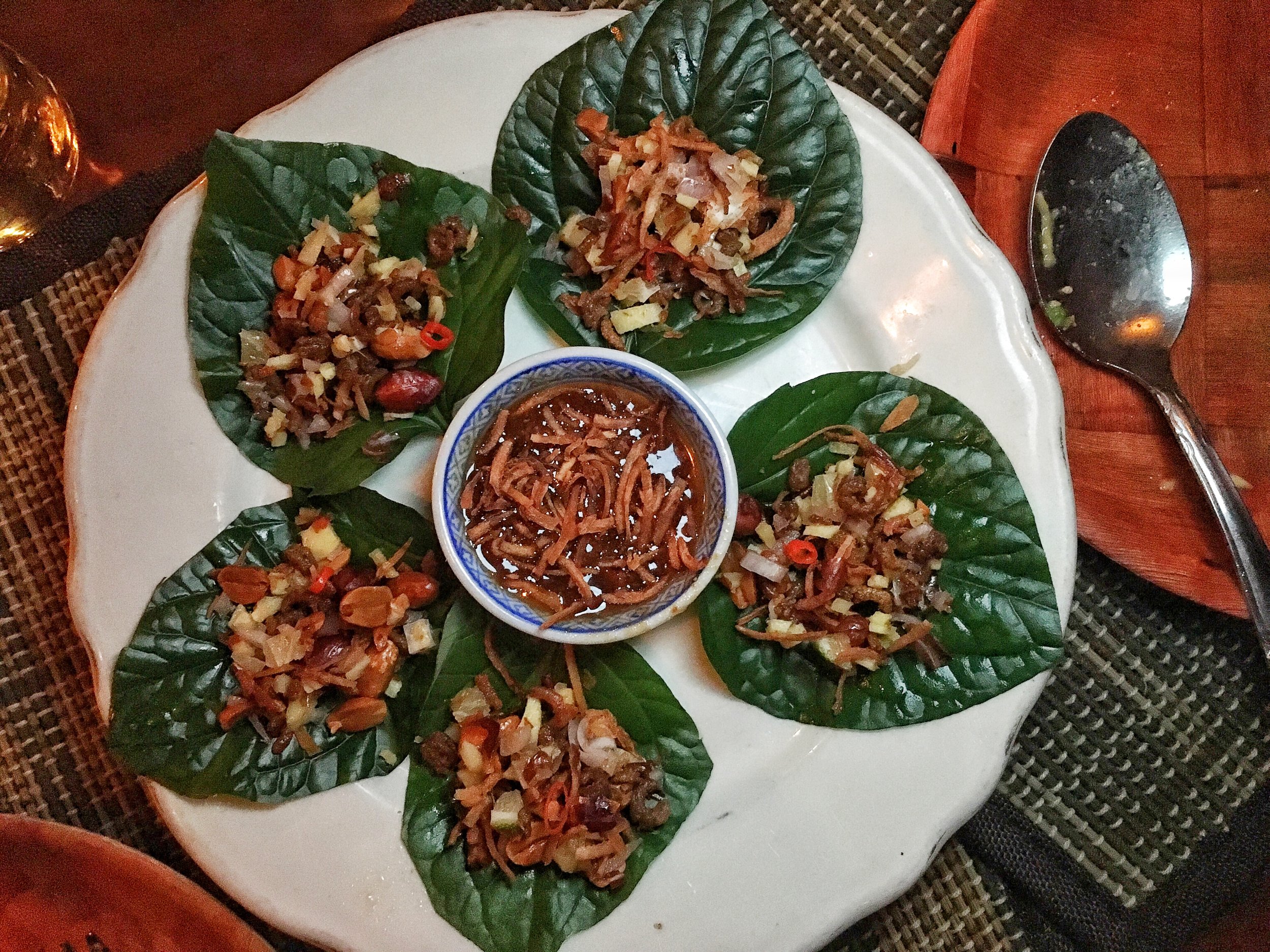 Mieng Kum- Betel Leaf with ginger, lime, toasted coconut, dried shrimp, chilies & peanuts traditional thai snack