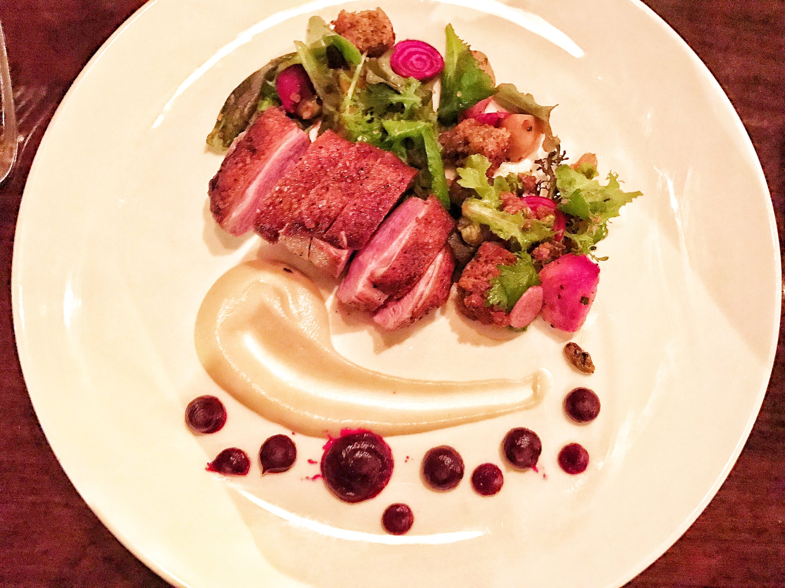 Maple Leafs Farm duck breast, savory pistachio olive oil cake, glazed beets, sunchoke puree 