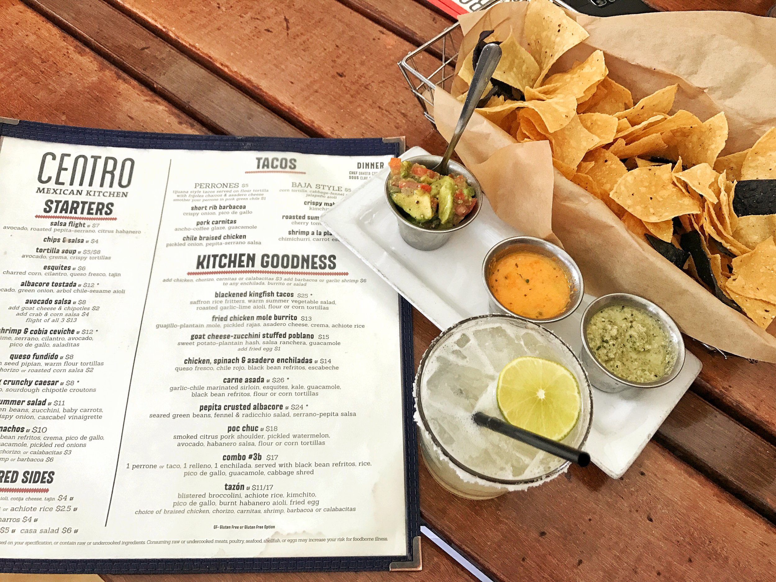 Margarita with the three salsa sampler: avocado, serrano-pepita, citrus habanero
