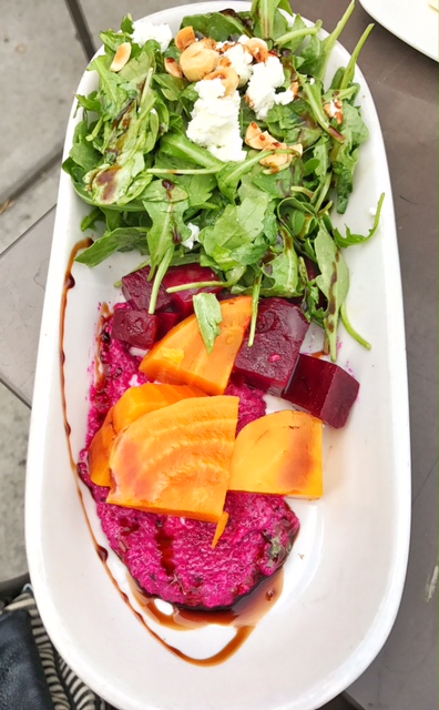 Roasted baby beets, arugula, goat cheese, toasted hazelnuts, sunflower seed pesto