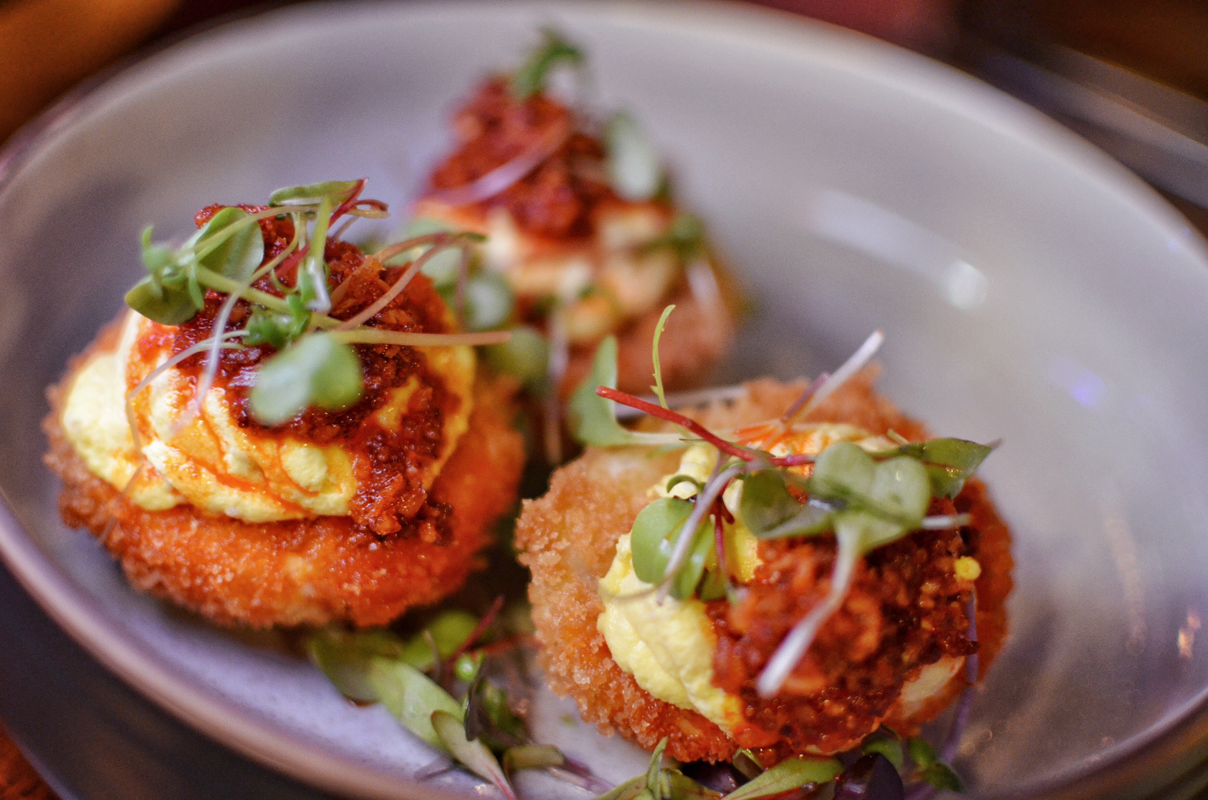 Deviled eggs with crispy chilis 