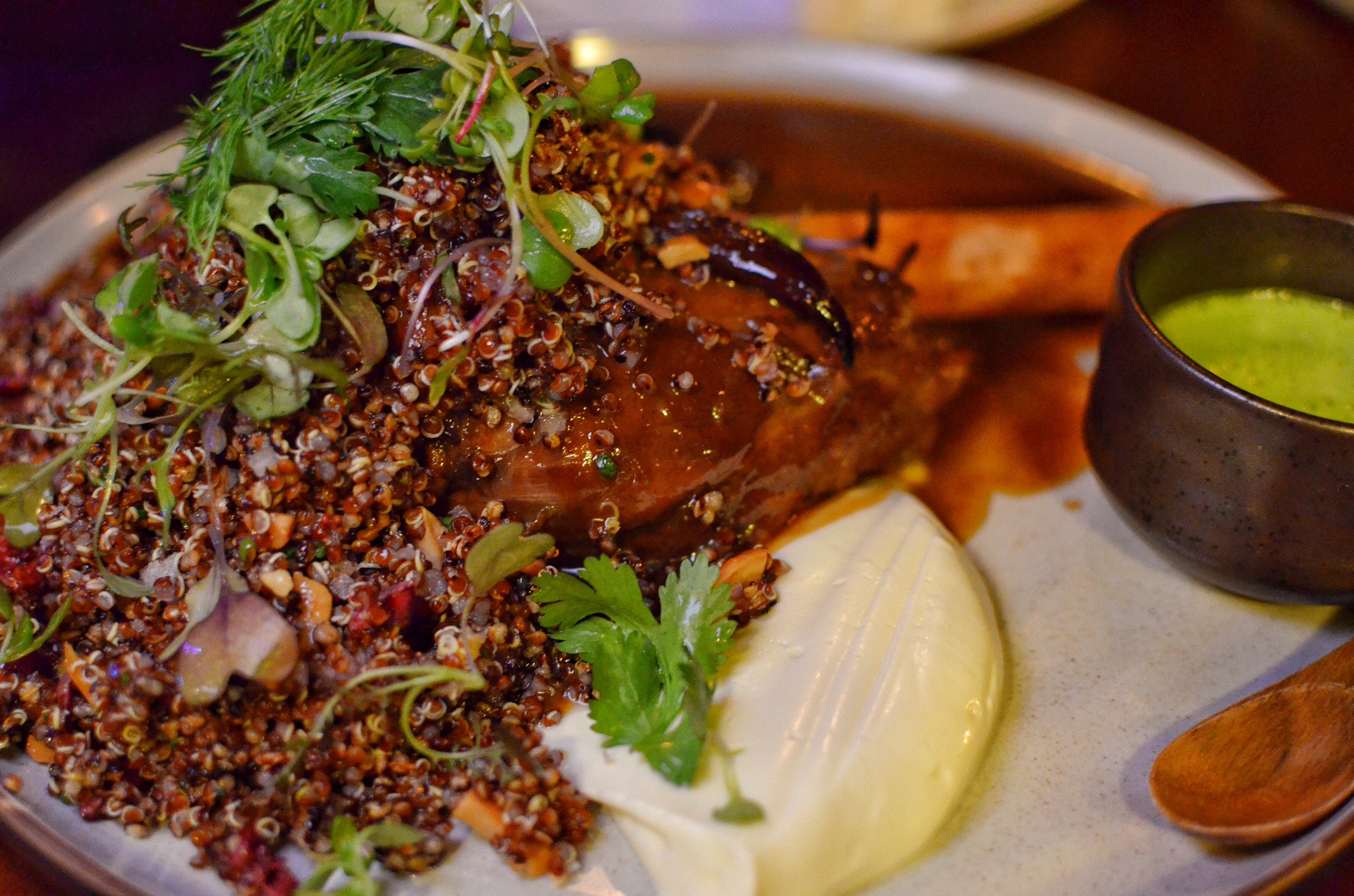 Lamb shank for 2 with red quinoa, herb yogurt sauce and a side of bibb lettuce 