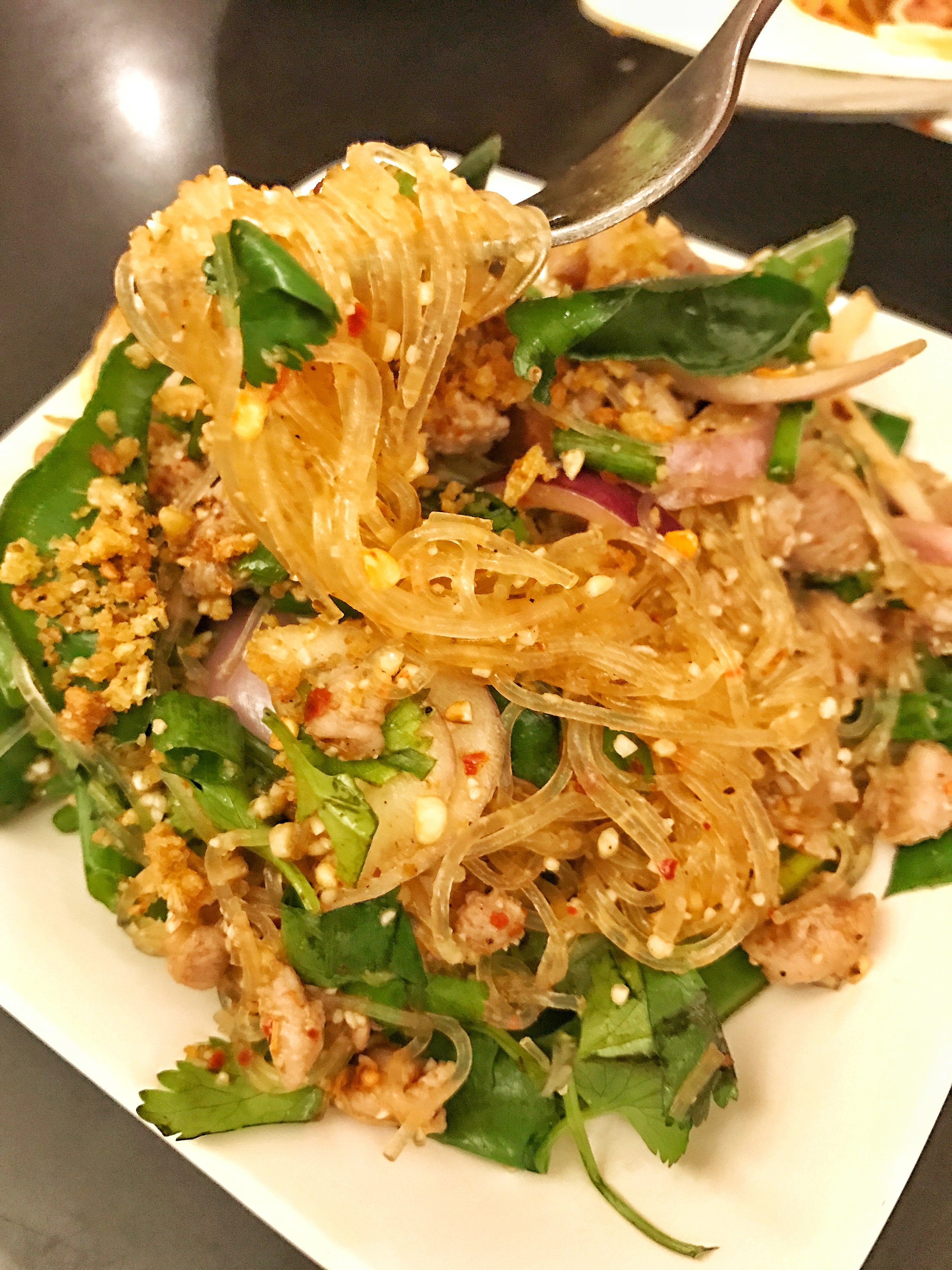 Roasted duck noodles (vermicellie noodles) with cilantro and peanuts