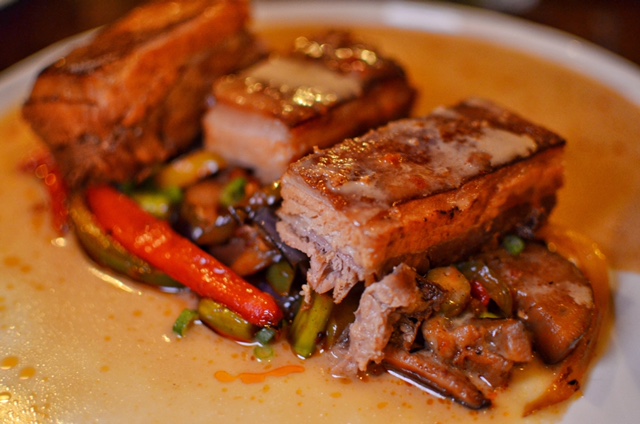 Lechon Kawali- pork belly, roast vegetables, rice