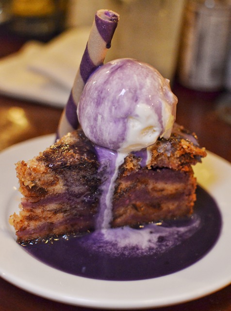 Ube bread pudding with ice cream