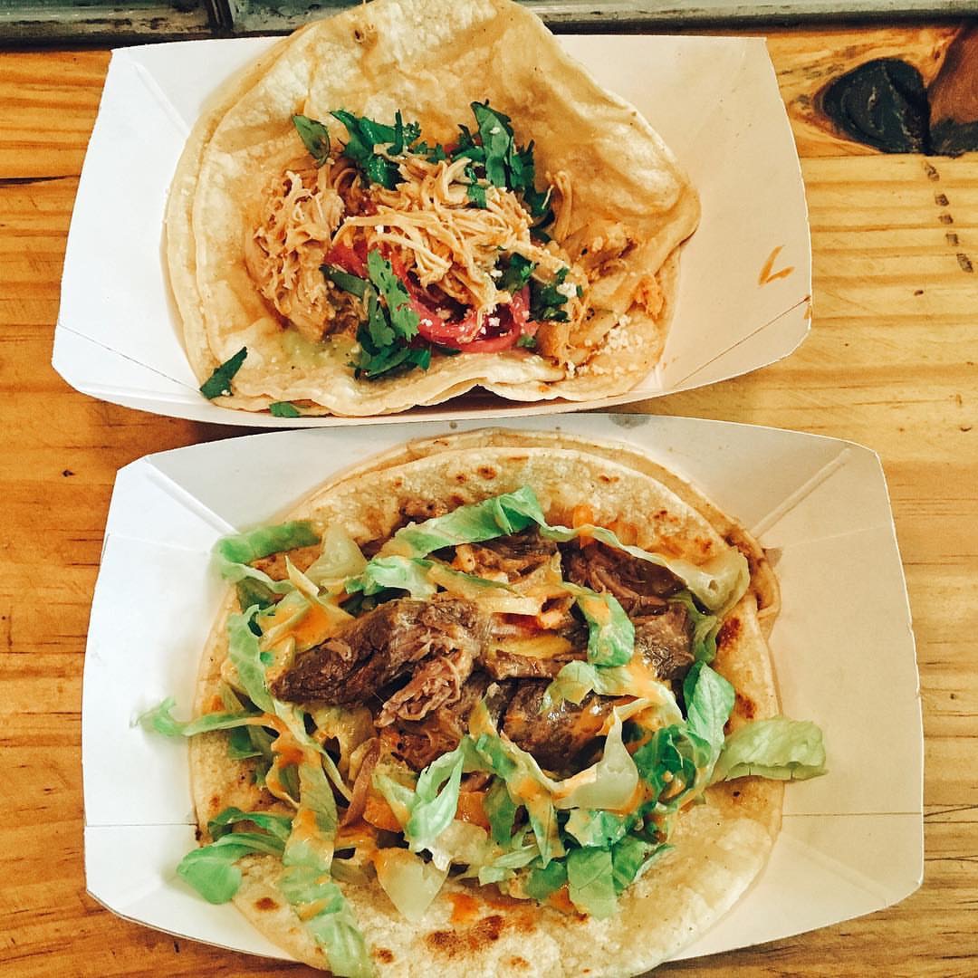 Pollo guisado and bulgogi tacos