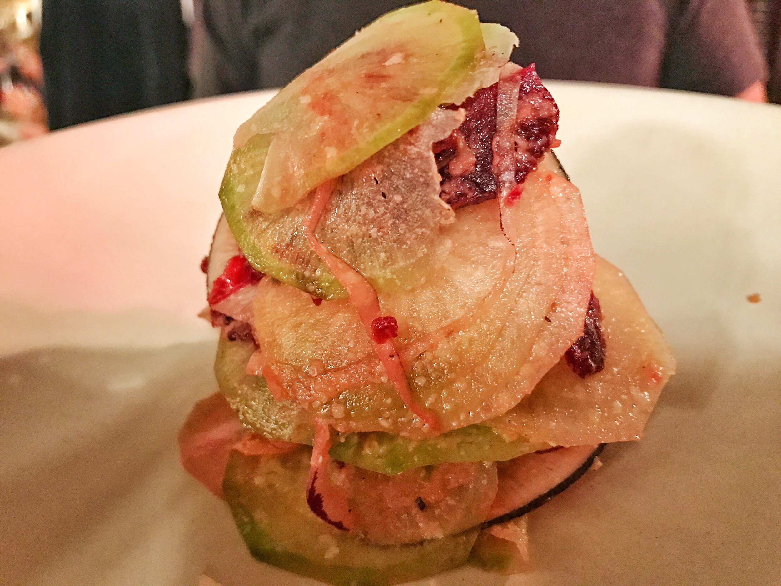 Parmesan crusted squash blossoms- Get this dish! Don't be fooled by vegetables because when covered with cheese it is remarkable.
