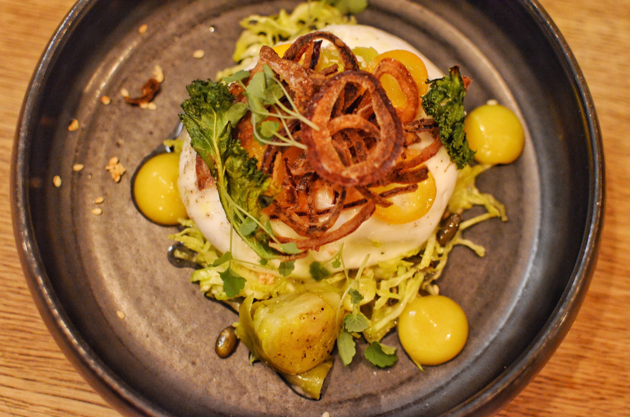 Burrata, pickled pear, cedrat lemon and datte from Medjoul- The burrata is creamy and delicious with the roasted brussel sprouts. I also loved the hints of lemon throughout the dish.