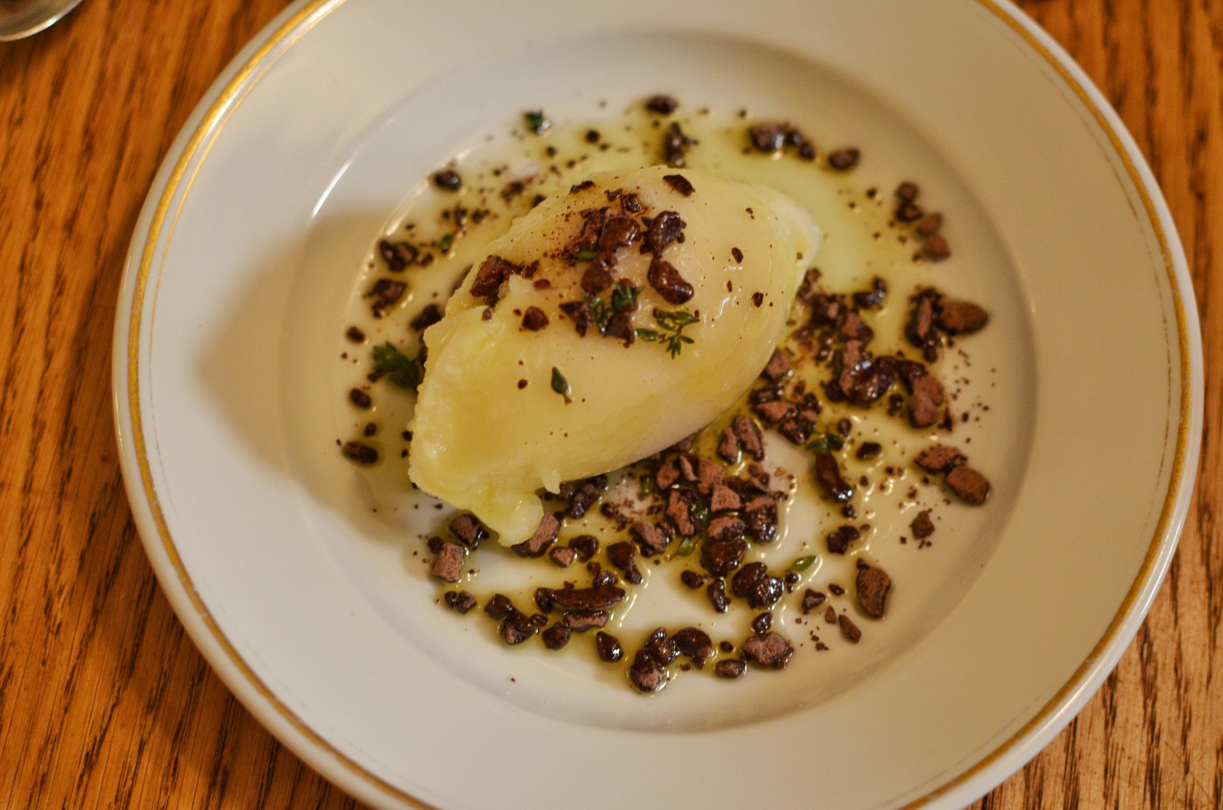 Vanilla sherbert infused with thyme with olive oil and chocolate chips- I'll be honest I did not like this dessert. The thyme infused sherbert was good but the pairing of olive oil and chocolate didn't add anything in my opinion. 