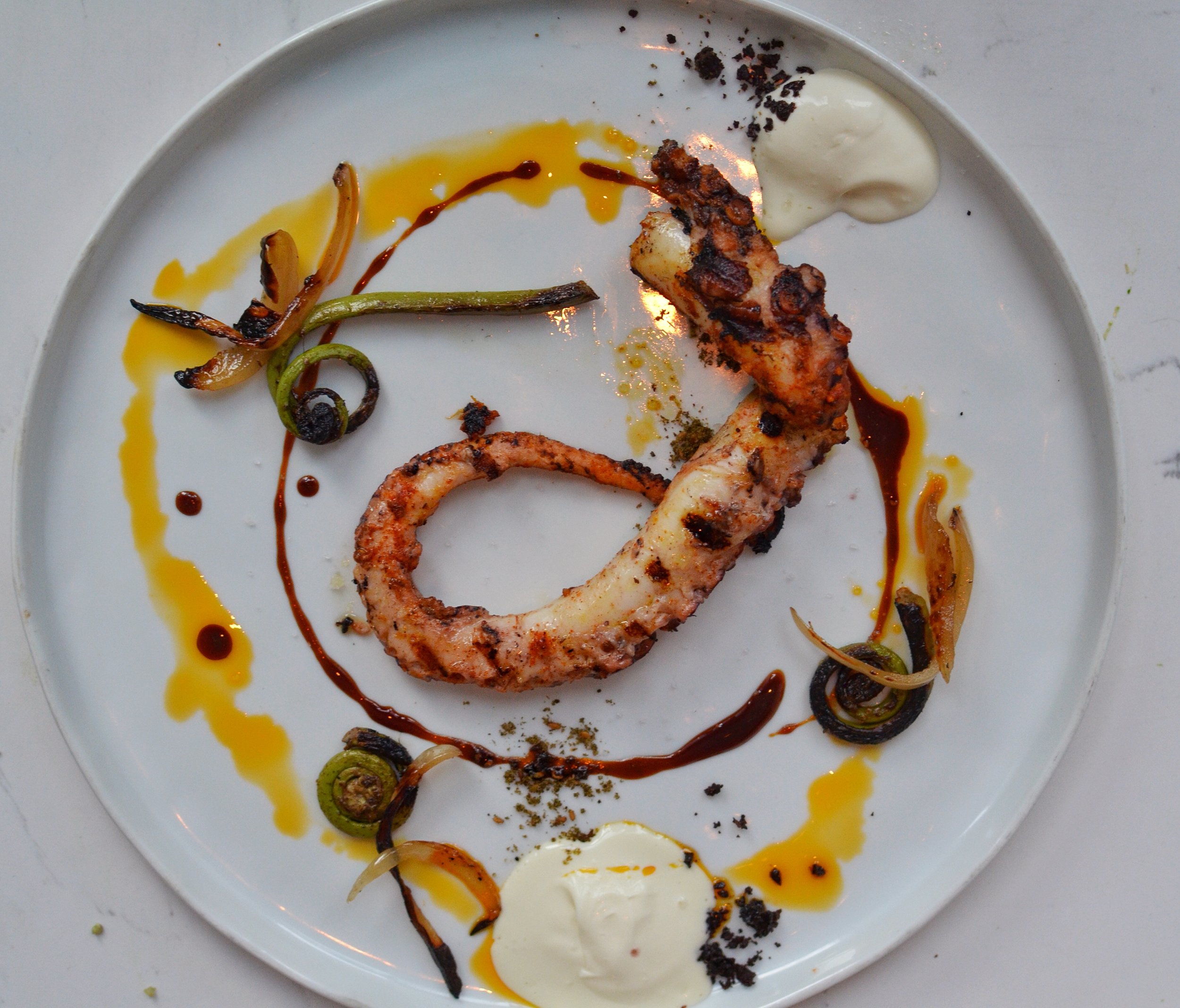 Grilled Octopus- Fiddlehead fern, soft cheese, blackened pearl onion