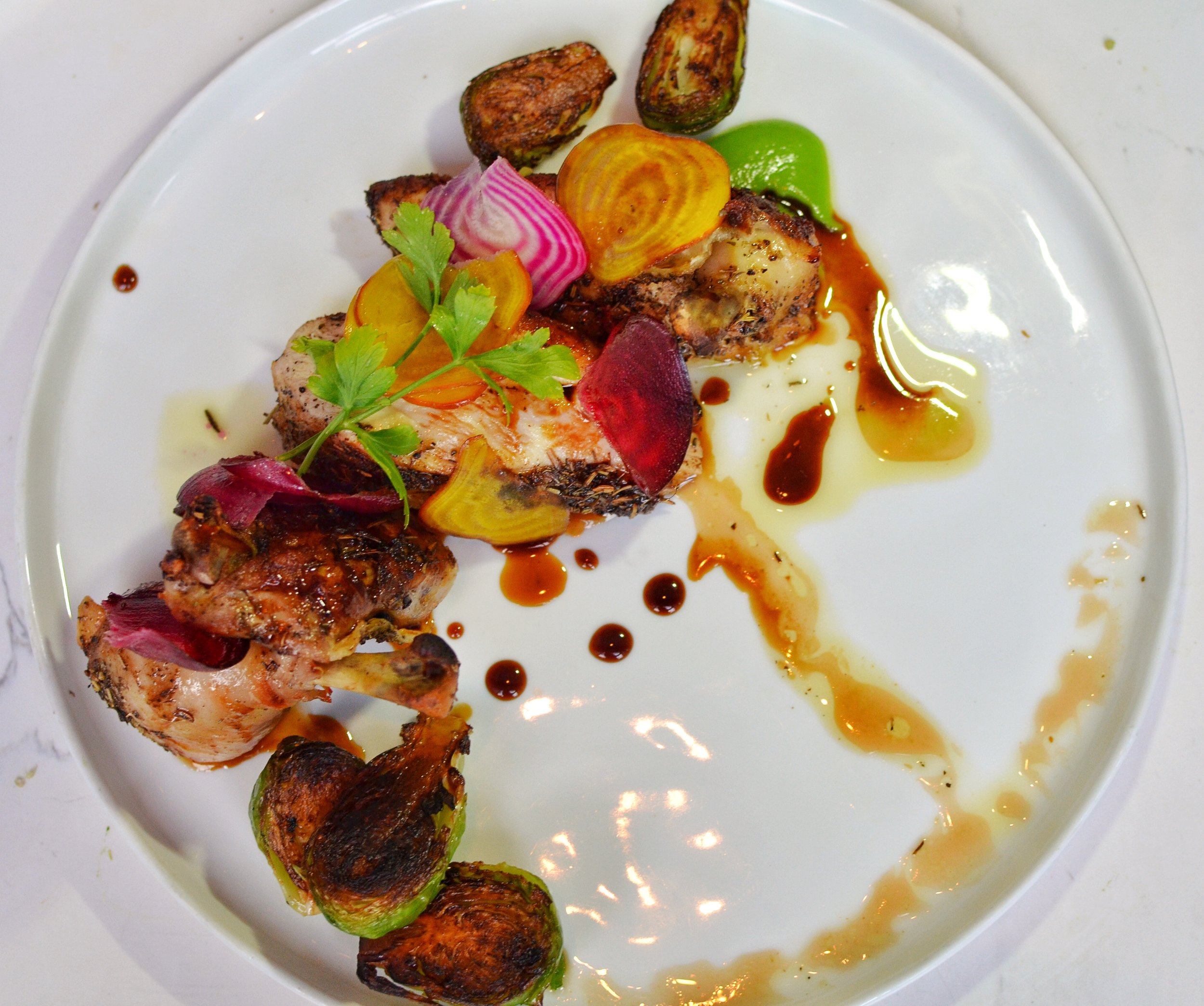 Roasted half Amish chicken- Green peas, brussels sprouts, shaved baby roots