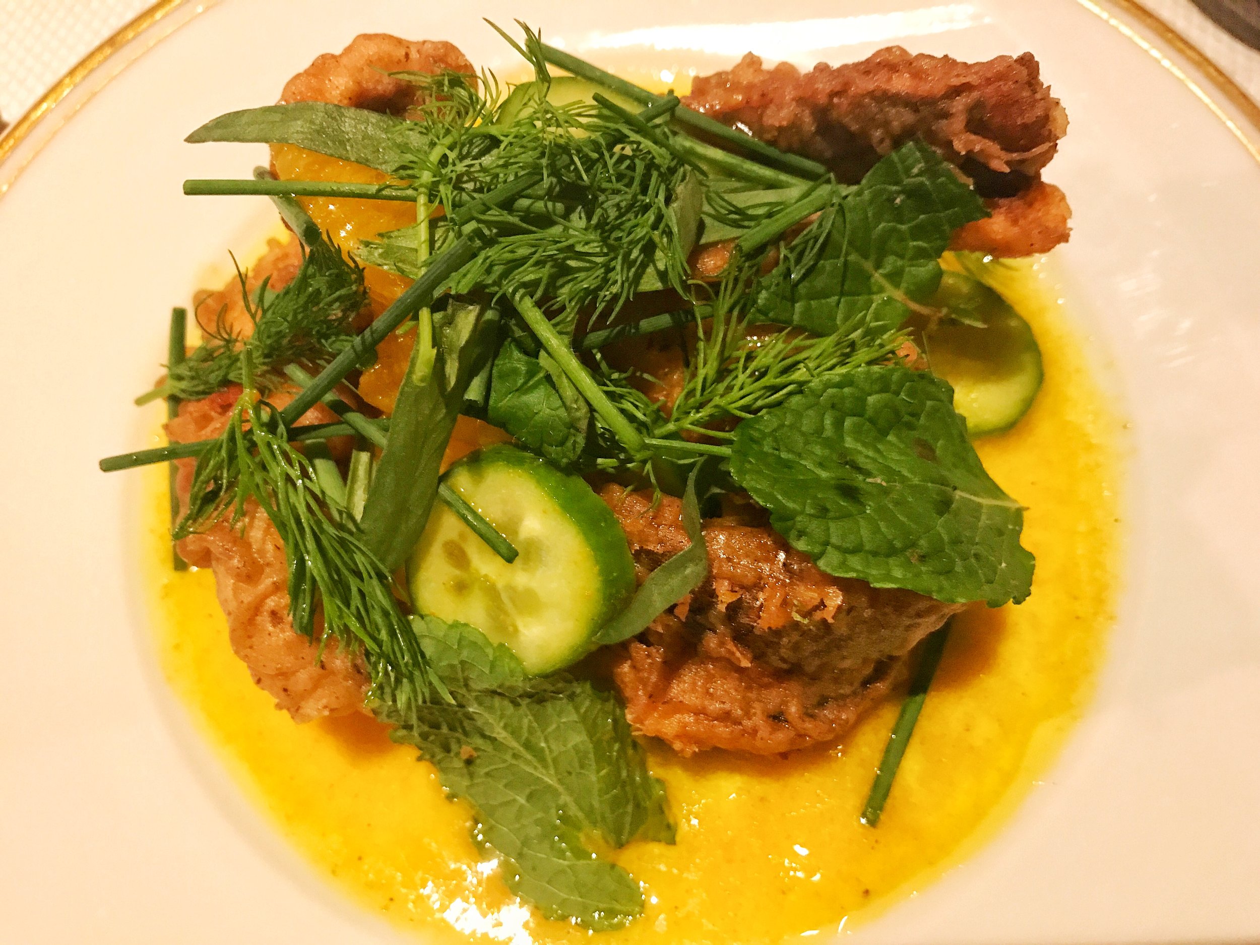 buckwheat fried Montauk eel, vinaigrette au curry