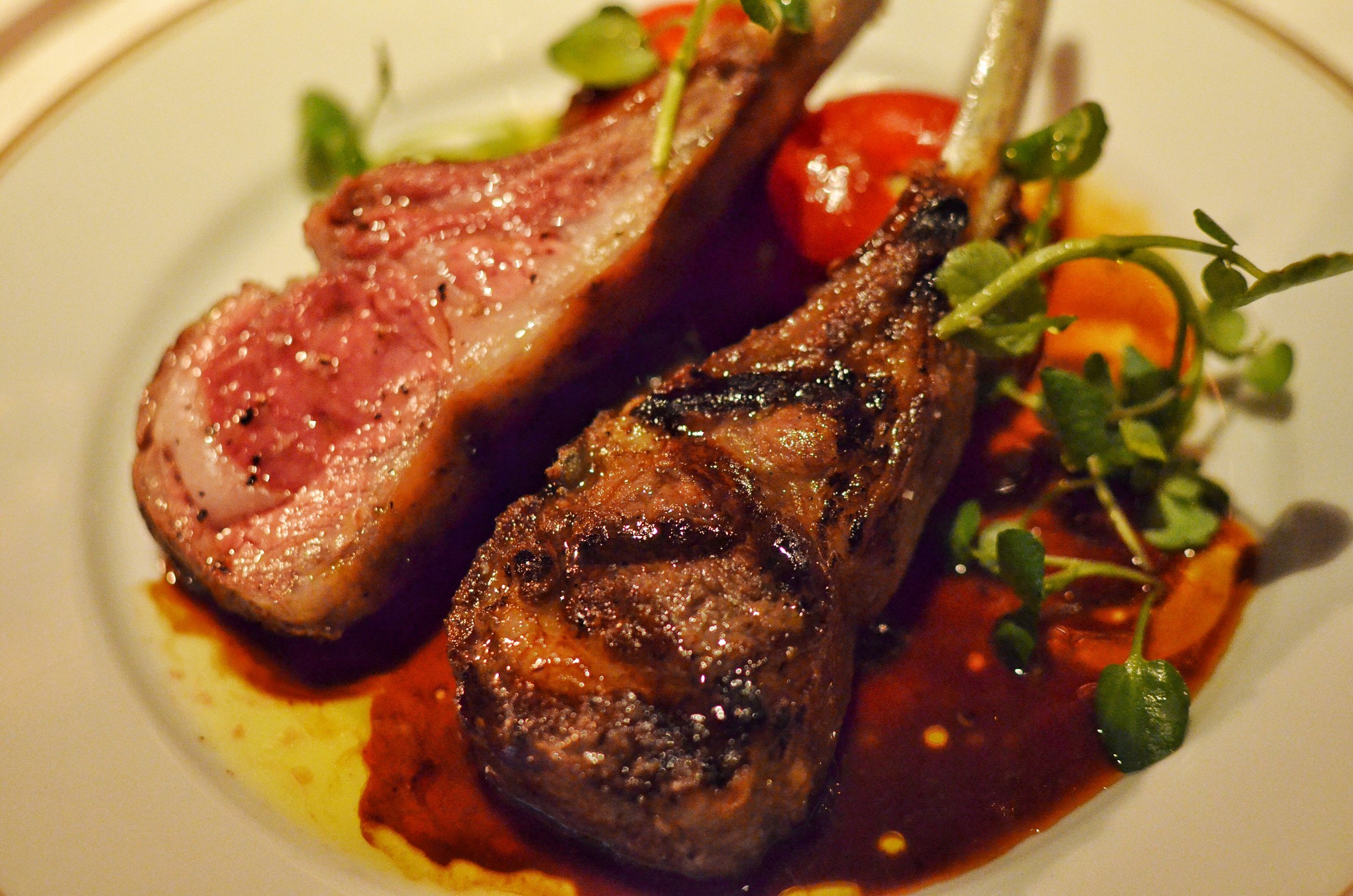 lamb rack, eggplants, tomatoes stuffed with “choulder and chard”