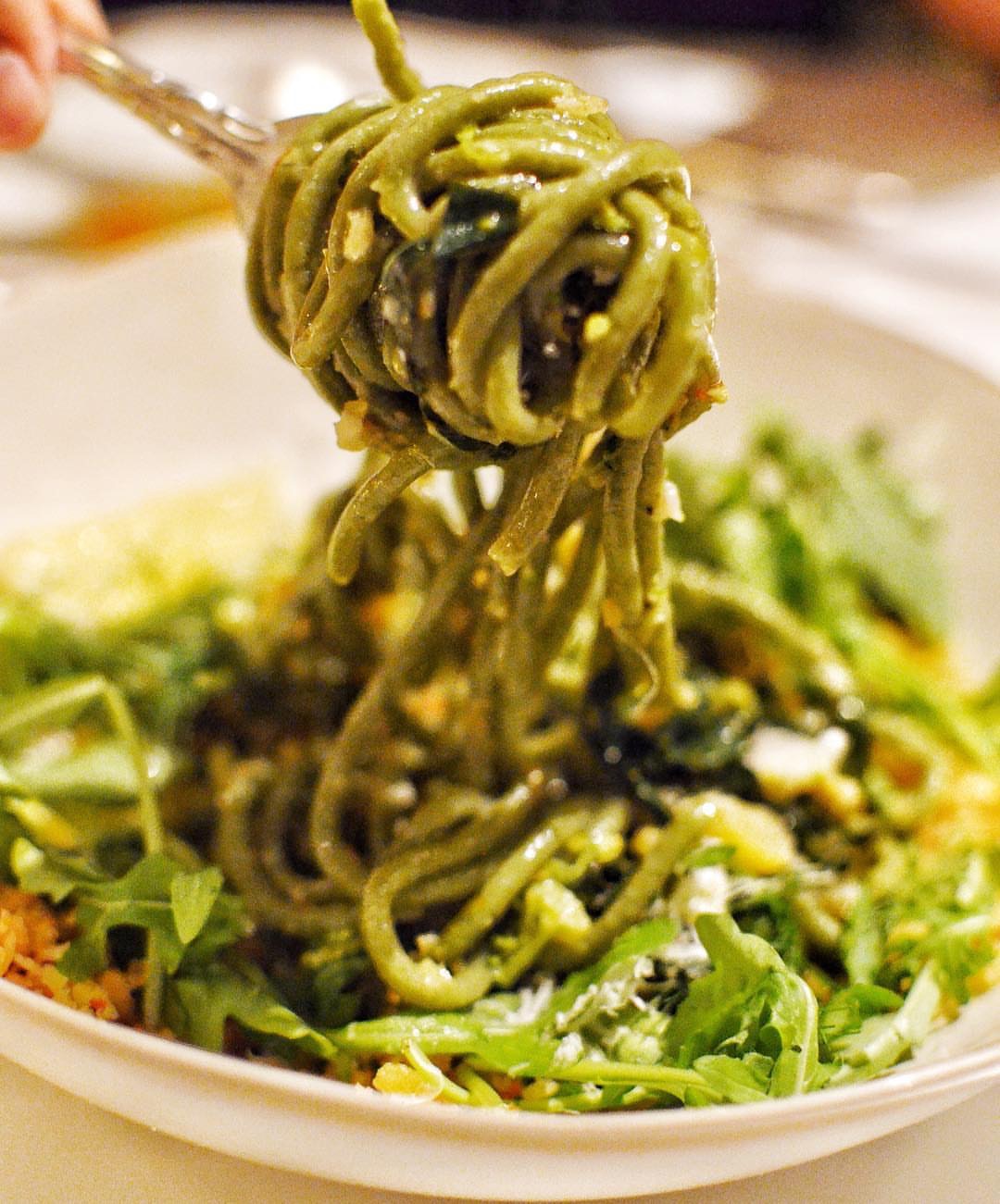 Fresh spinach spaghetti, broccoli, kale, preserved lemon, garlic, parmigiano, saffron crumbs