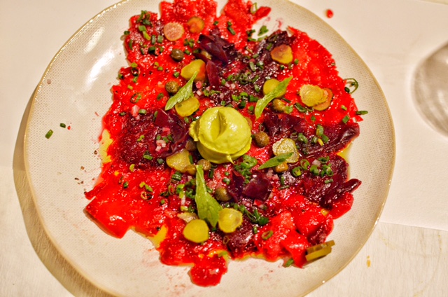 Slow roasted beets, dijon, avocado puree, chili aioli, pickles, lovage