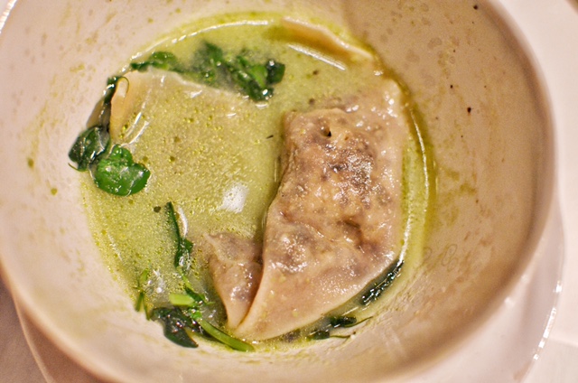 Morel wonton, summer vegetables, aromatic broth
