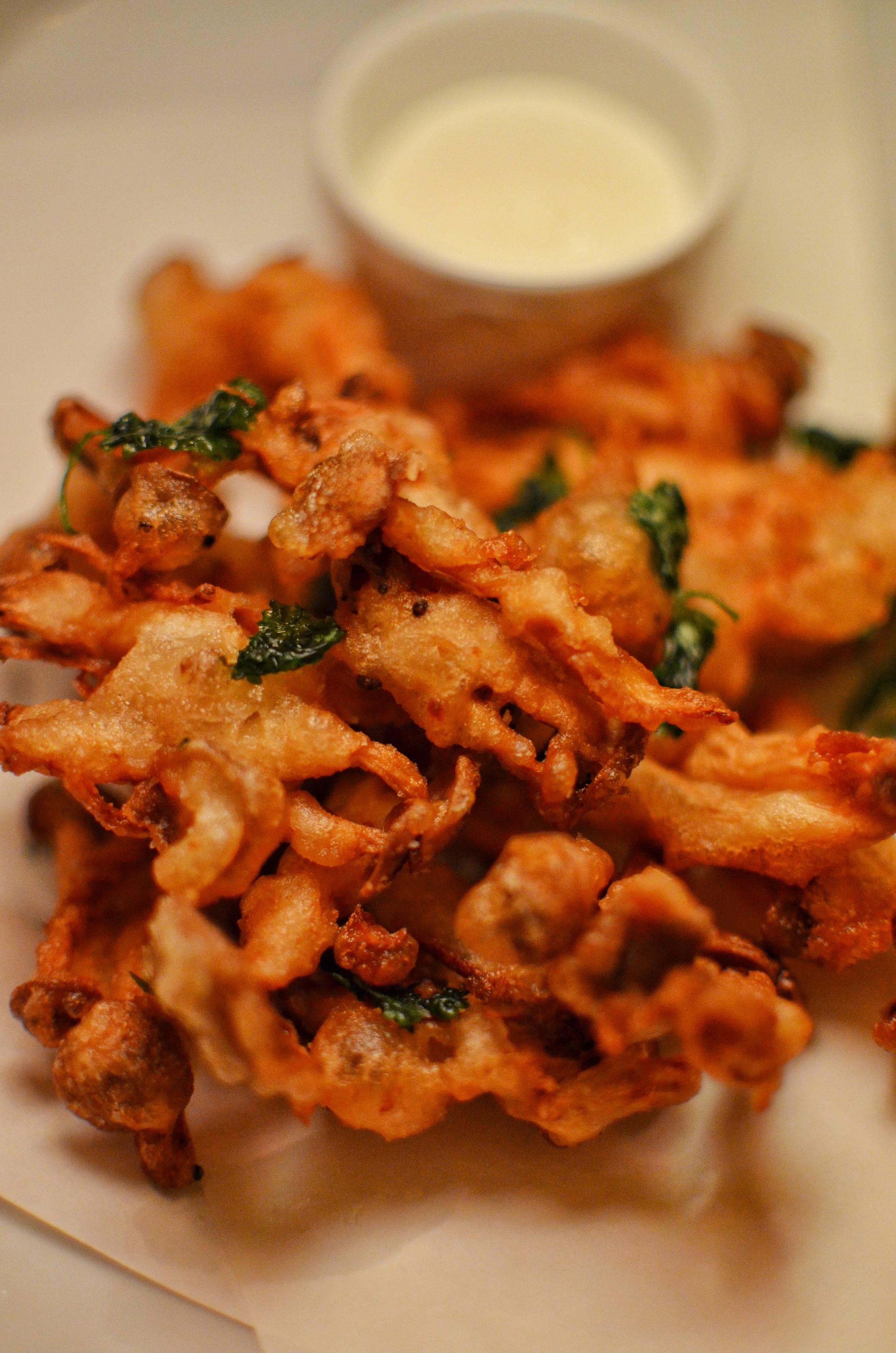 Tempura beech mushrooms with curry salt and lime