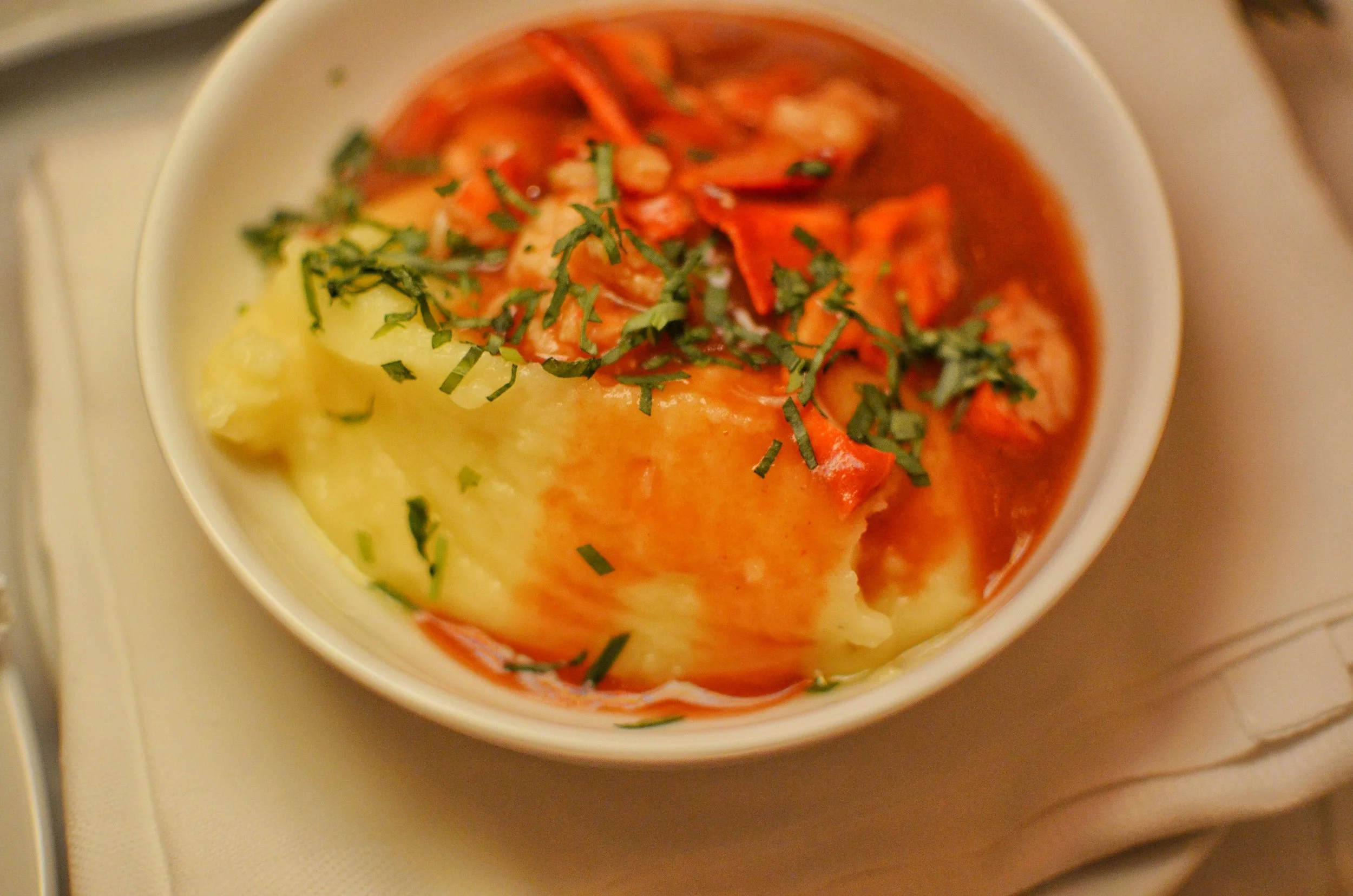 Potato puree with lobster gravy