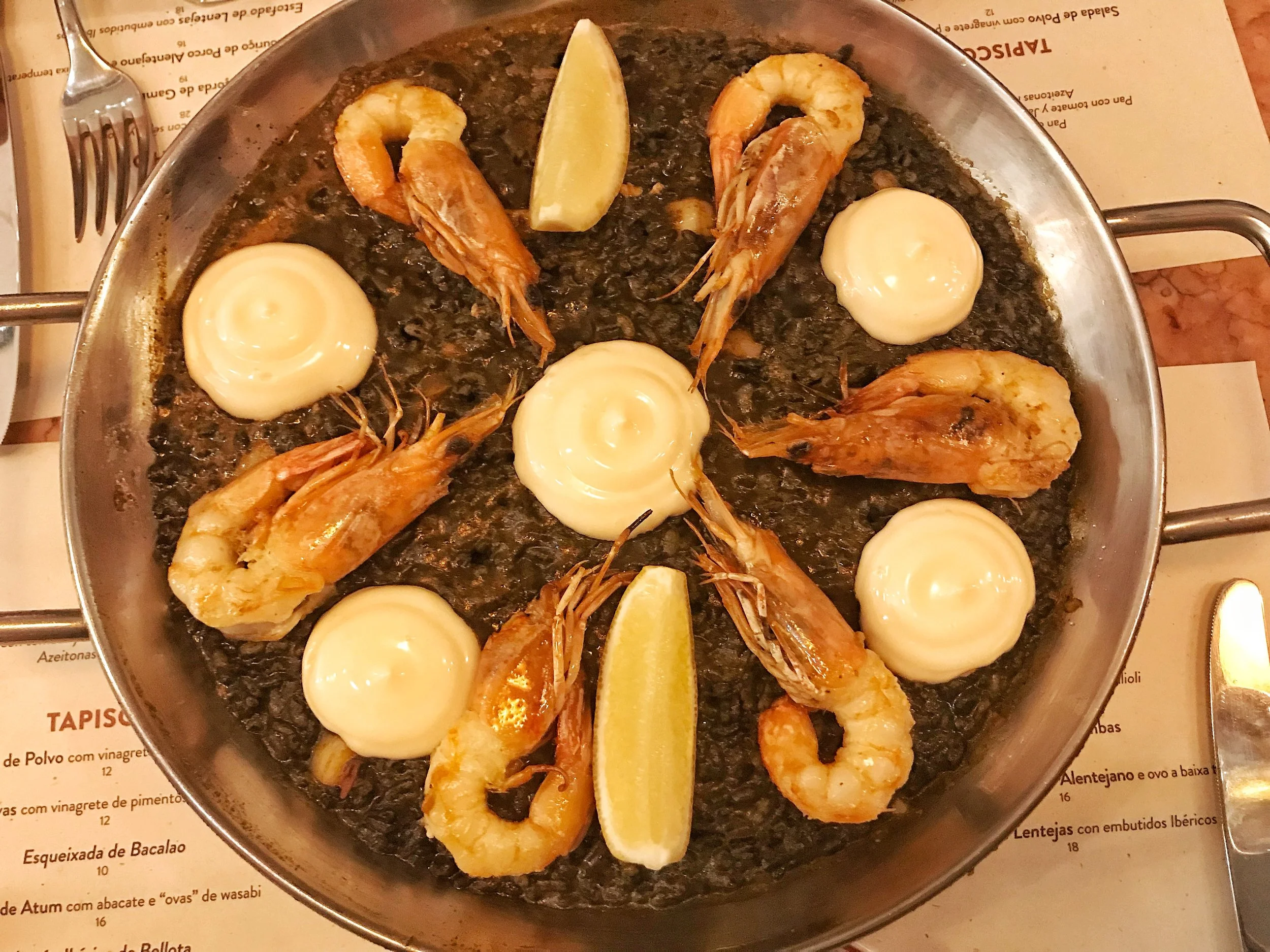 Squid Ink Paella with prawns, cuttlefish and alioli
