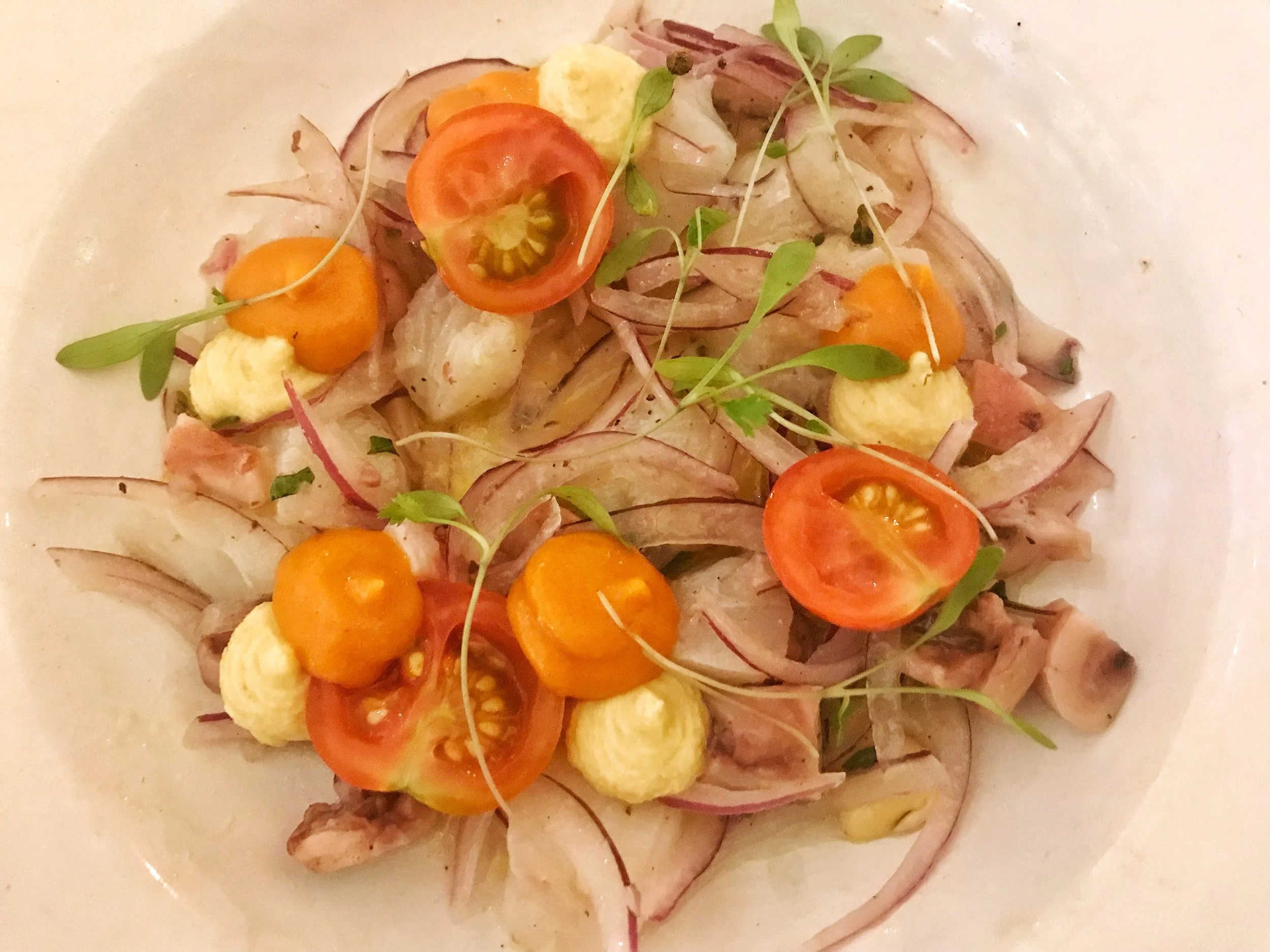 Portuguese ceviche- codfish, octopus, mashed lupin beans and tomato cream