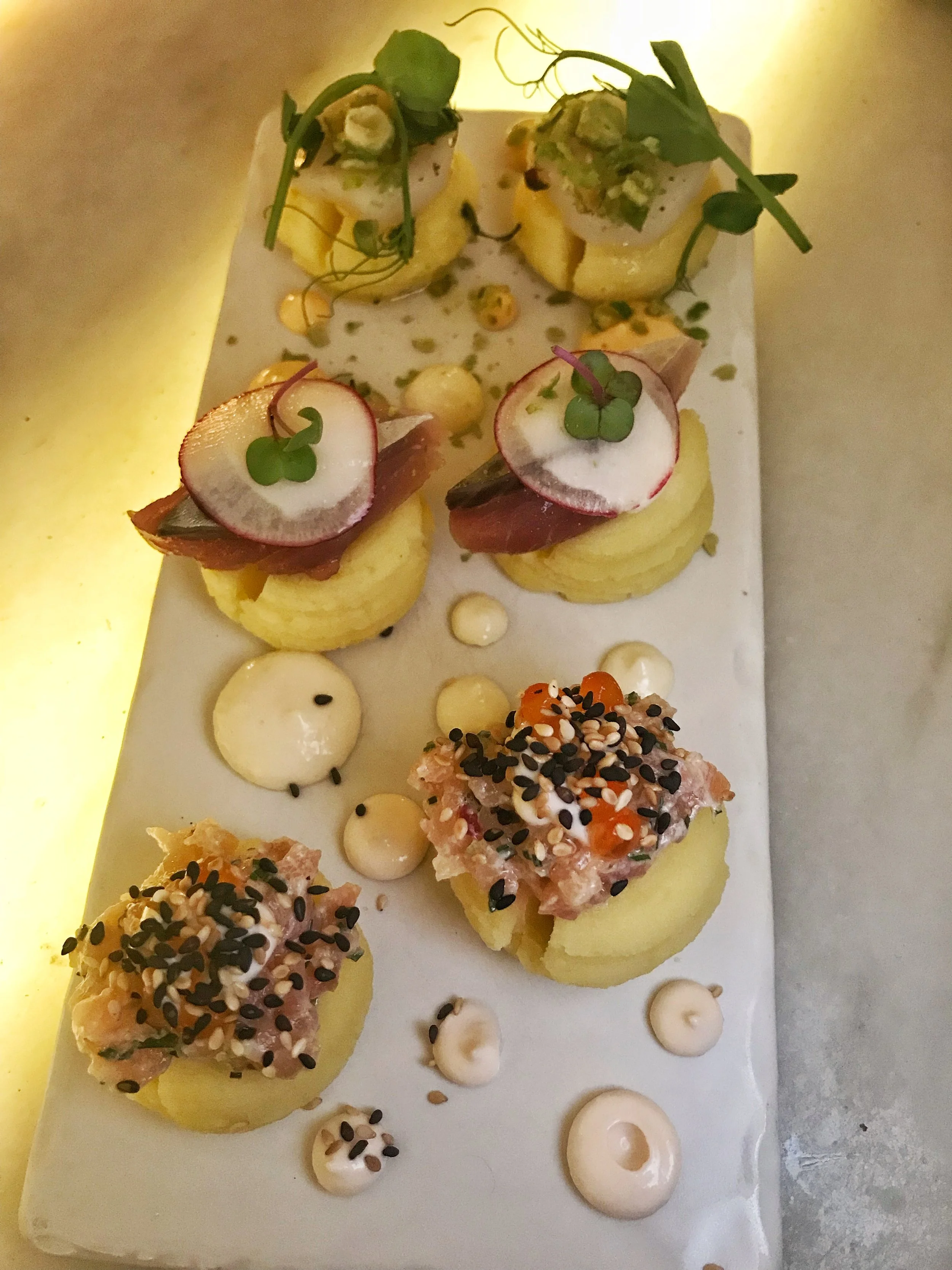 Mixed Causa- Mashed potato, smoked mackerel, horseradish mayonnaise, salmon tartare, scallop, kimchi and wasabi