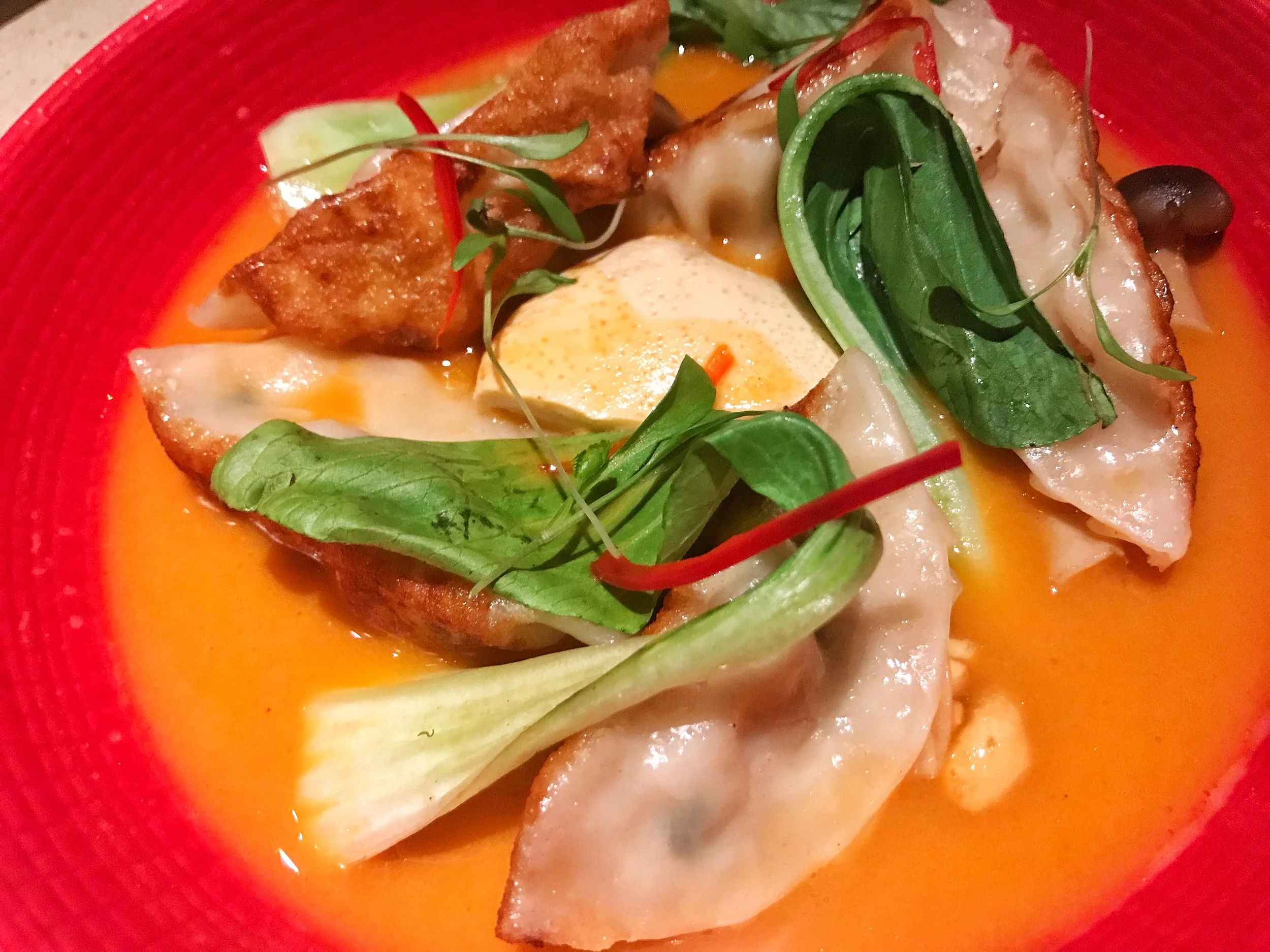 Dumplings in Tom Yum soup