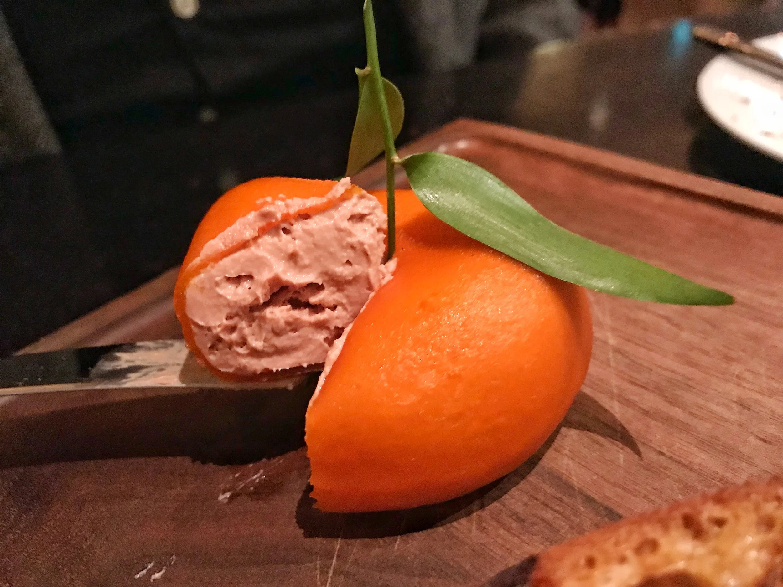 Alas! It is actually 'Meat Fruit' Recipe from c.1500. Mandarin, chicken liver parfait & grilled bread