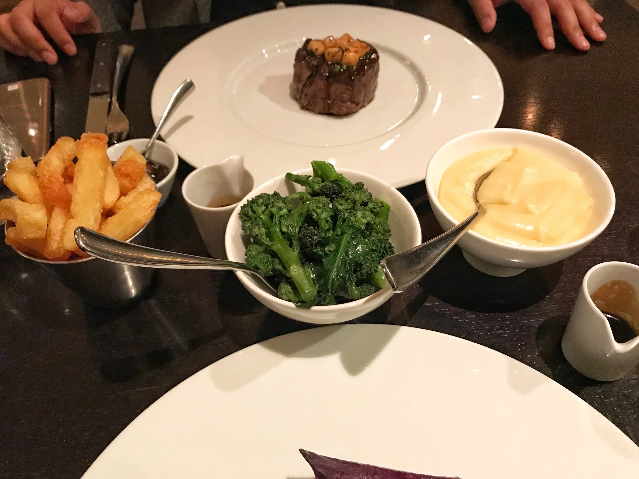 Sides included broccoli potato mash and tripe cooked chips