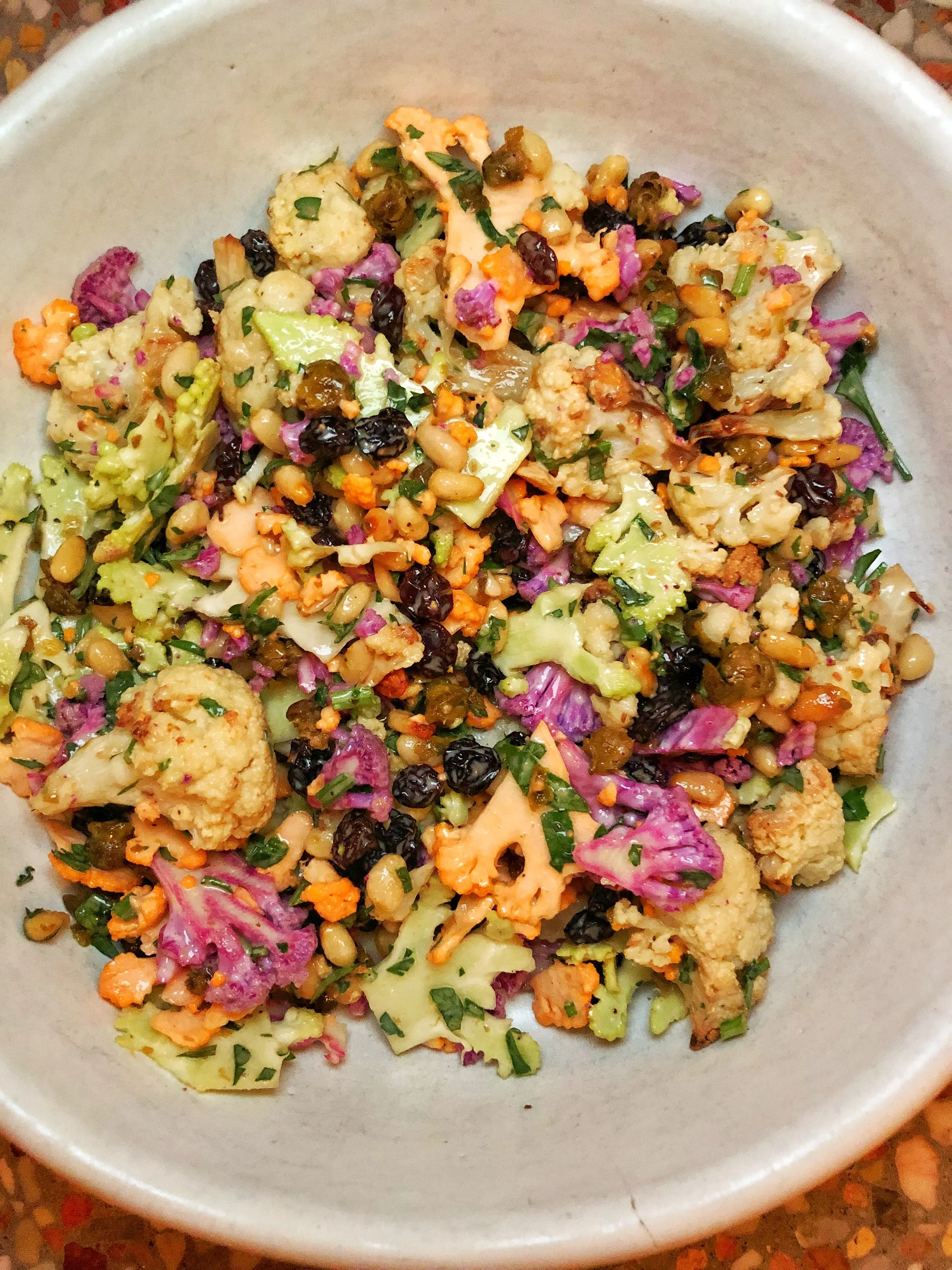 Cauliflower- anchovy caper vinaigrette, currant, pine nut