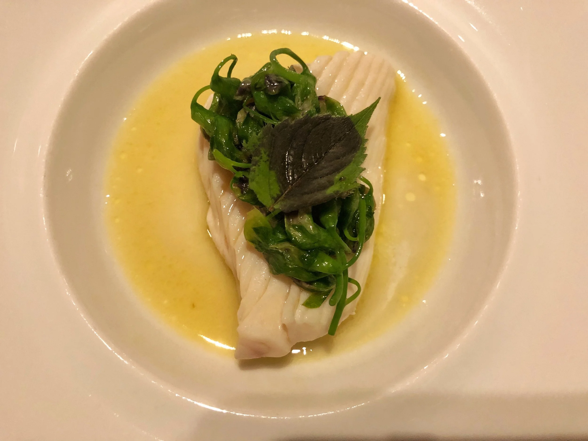 Poached halibut, pea blossom, mussel jus