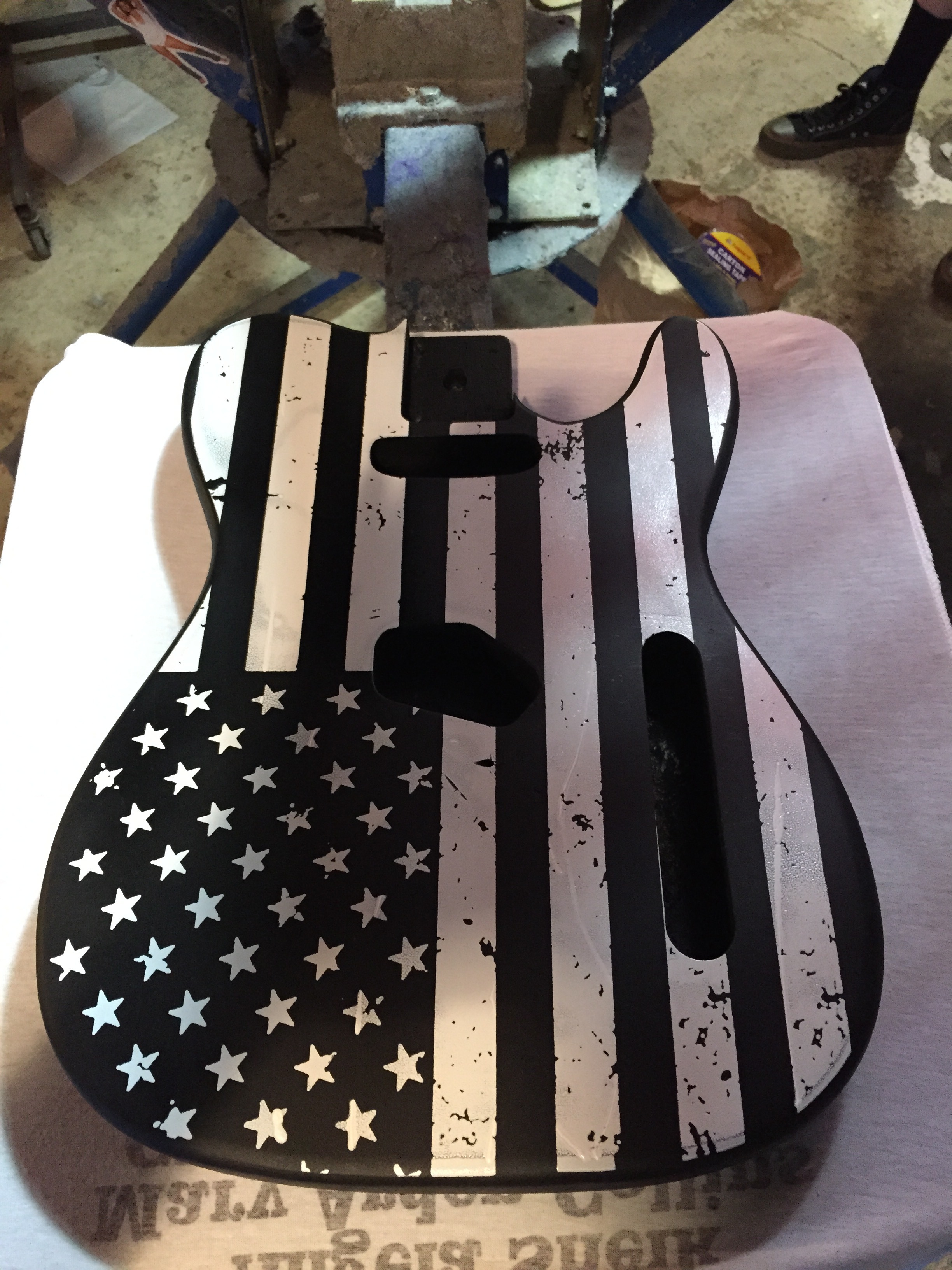  Screen print on wooden guitar body. Project I did with my friends at Matt  y Crist Guitar Works.  