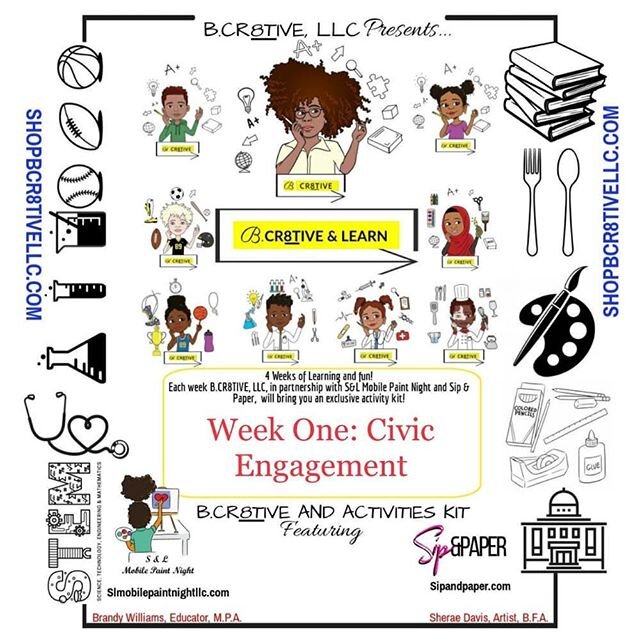 B.CR8TIVE, LLC has partnered with @sipandpaper &amp; @slmobilepaint  to bring you 5 activities to keep your child learning and creating over the summer!  shopbcr8tivellc.com

Our first week is centered around Civic Engagement. This kit will get your 