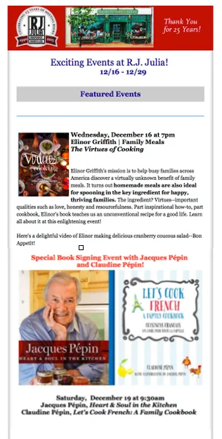 "Julia and Jacques Cooking at Home" was filmed in Madison, Ct., at the Pepins, not far from where Elinor now lives -- and the location of bookstore RJ Julia