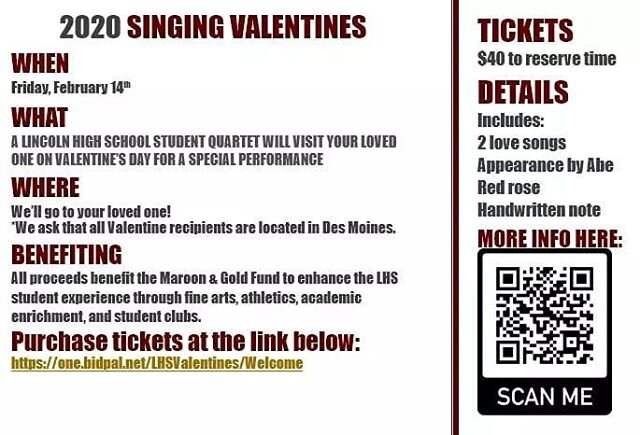 GET YOURS NOW!! Need a great way to show your S.O. you love them (and support Lincoln arts at the same time)?&nbsp;Gift them a singing valentine!&nbsp;You choose a time-slot and location in the Des Moines area, and we send a quartet of our talented s