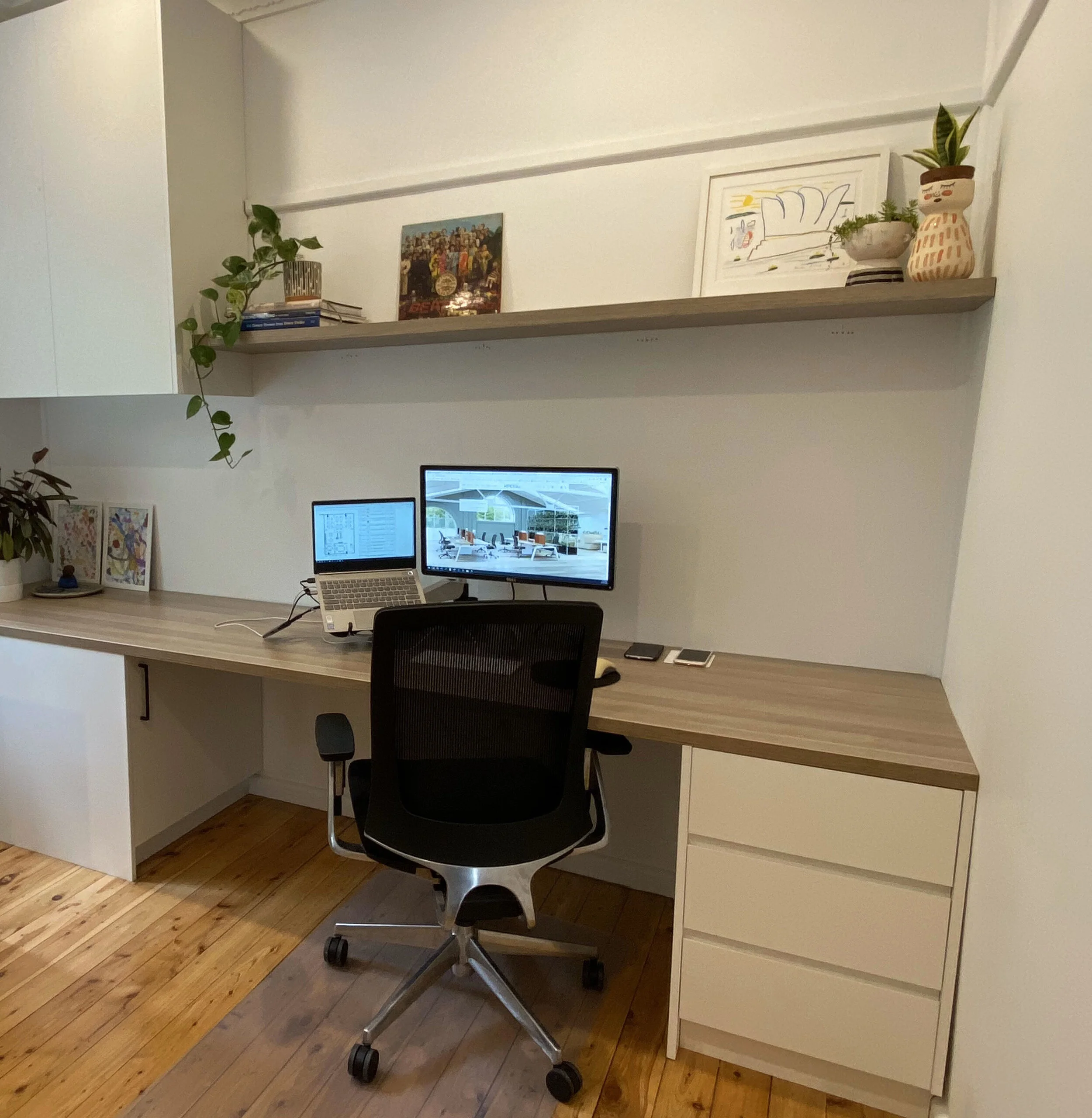 Featured: Custom built in desk and joinery, Miro S chair, Logic Monitor Arms and Floating Shelf.