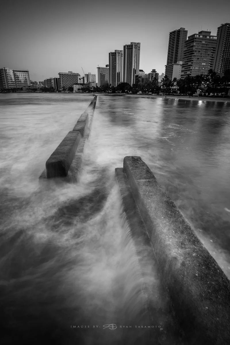 Sunrise from The Waikiki Wall, Honolulu, Hawaii Fuji XT2 | 4 sec. | f/8 | ISO 100 | Rokinon 12mm F/2 NCS Edited in Lightroom CC 2017 Copyright 2017 Ryan Sakamoto, All rights reserved