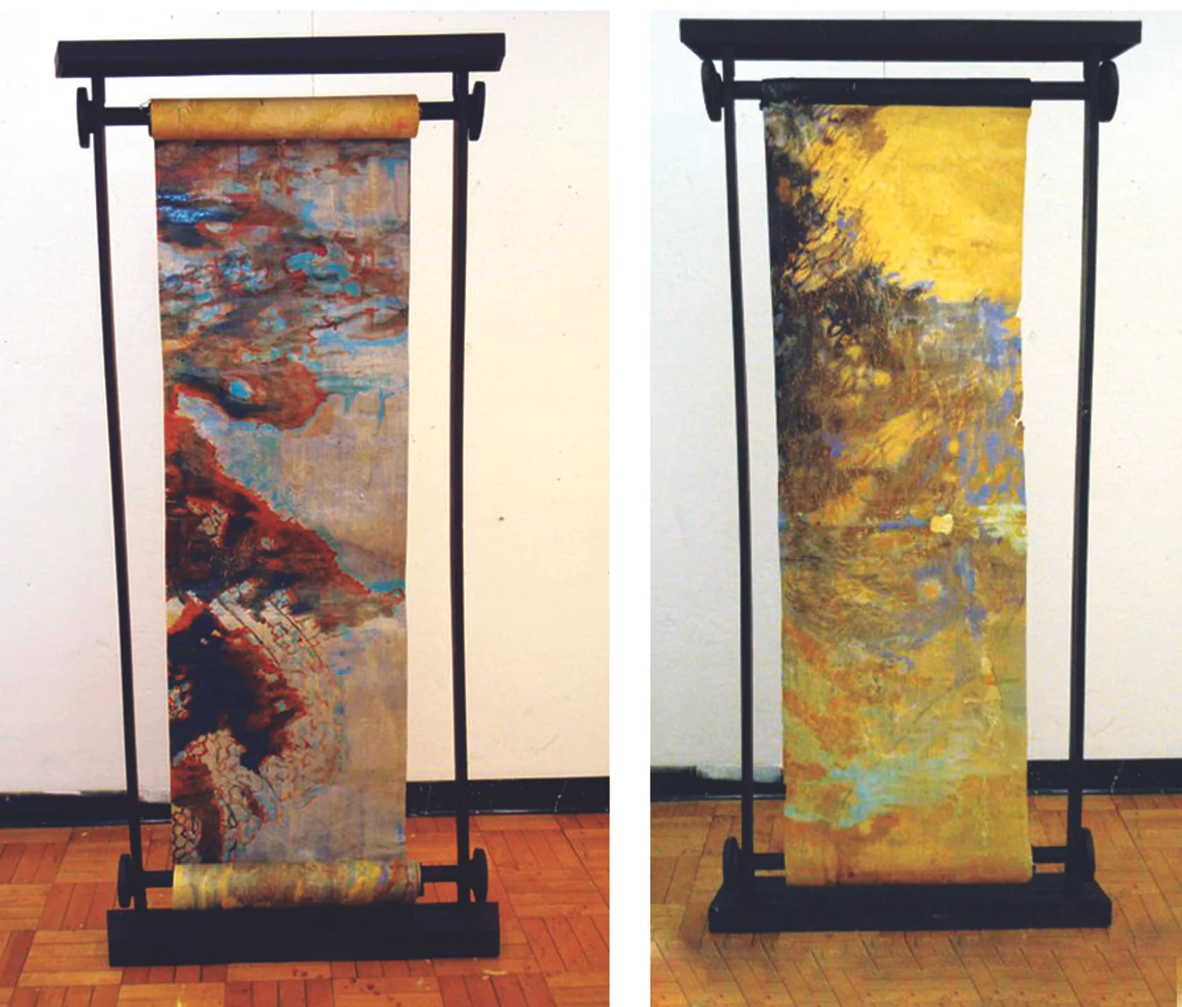 Dragon's Mouth Gate foil on mylar with wood scrollwork frame 48" x 84"