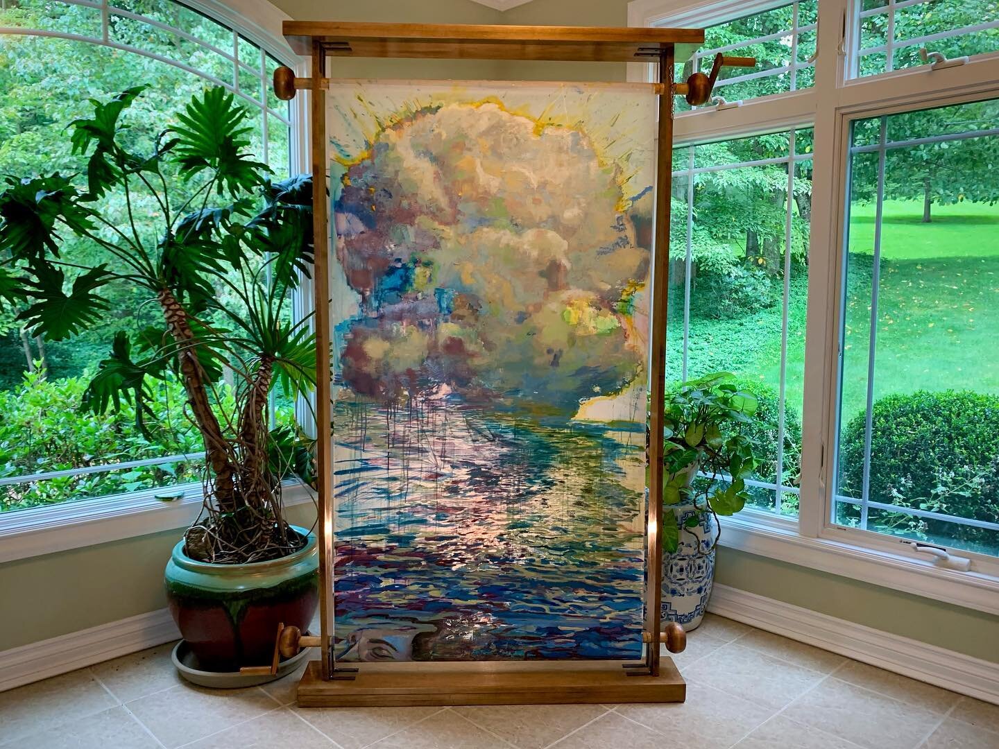 This is a free-standing double sided scroll painting called &quot;Cloud. 2016&quot;
SIZE -  Frame: 39.5&quot; x 76&quot; 
&bull;
&bull;
&bull;
#scrollpainting #japanesescroll #paintingclouds #cloudspainting #cloudscapepainting #cloudpaintings #cloudp