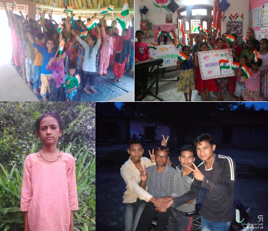 From the top: Celebrating India's Independence Day at Village Village Kadarganj School and City Centre School; Anisha; and Sanjay with some of the young men of Village Parmawala.