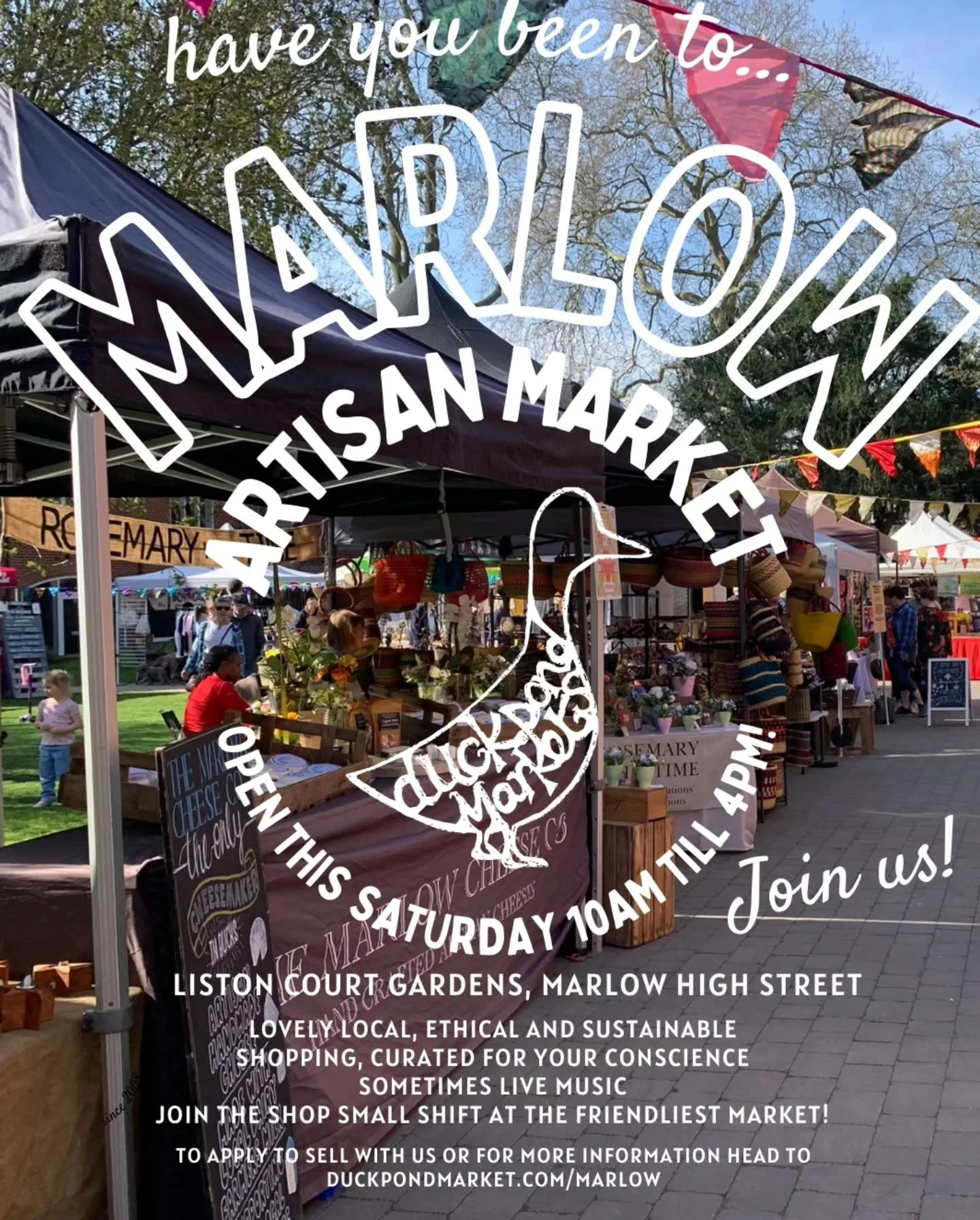 This Saturday, join @duckpondmarket at @listoncourtgardens for Marlow Artisan Market. Open 10am - 4pm. Come for lovely, local, ethical and sustainable shopping. Support small, local businesses with us this Saturday. 

📍Liston Court Gardens Marlow SL