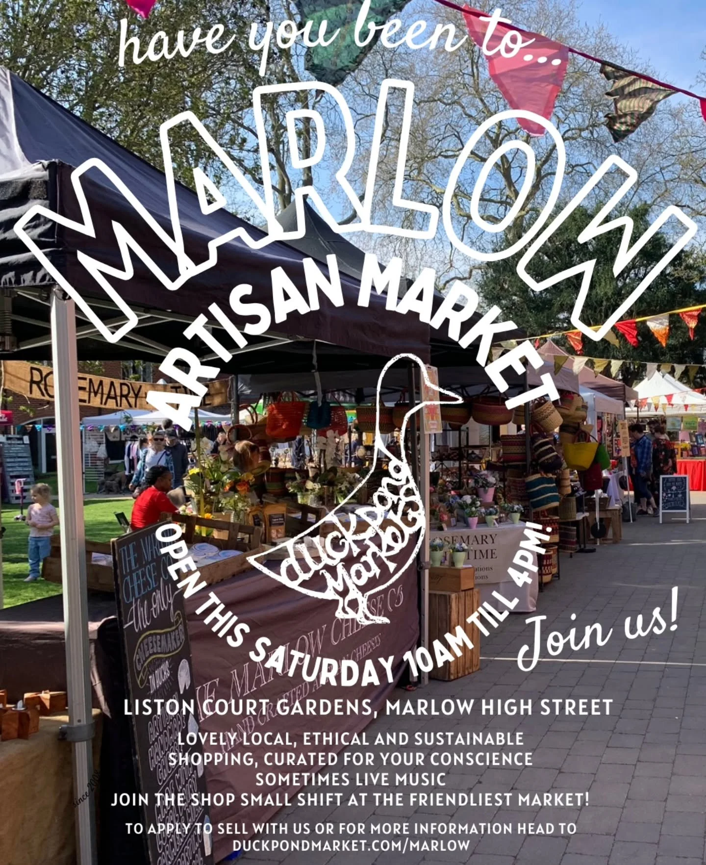 This Saturday, join @duckpondmarket at @listoncourtgardens for Marlow Artisan Market. Open 10am - 4pm. Come for lovely, local, ethical and sustainable shopping. Support small, local businesses with us this Saturday. 

📍Liston Court Gardens Marlow SL