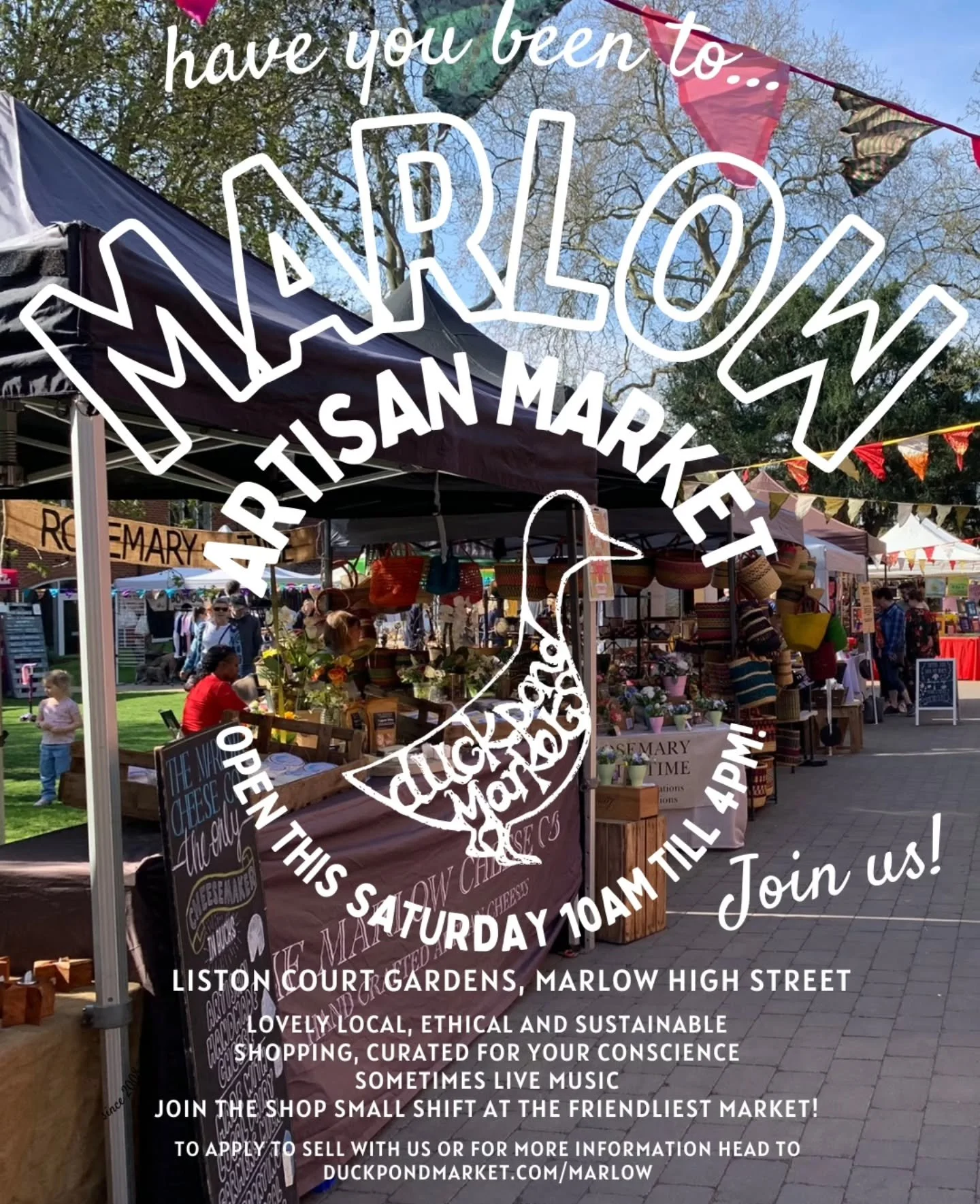 Join us this Saturday, 23rd May, at @listoncourtgardens for Marlow Artisan Market. Open 10am - 4pm with delicious street food, small business shopping including bread, cake, artisan food, skincare, pottery, art, jewellery and so much more from our lo