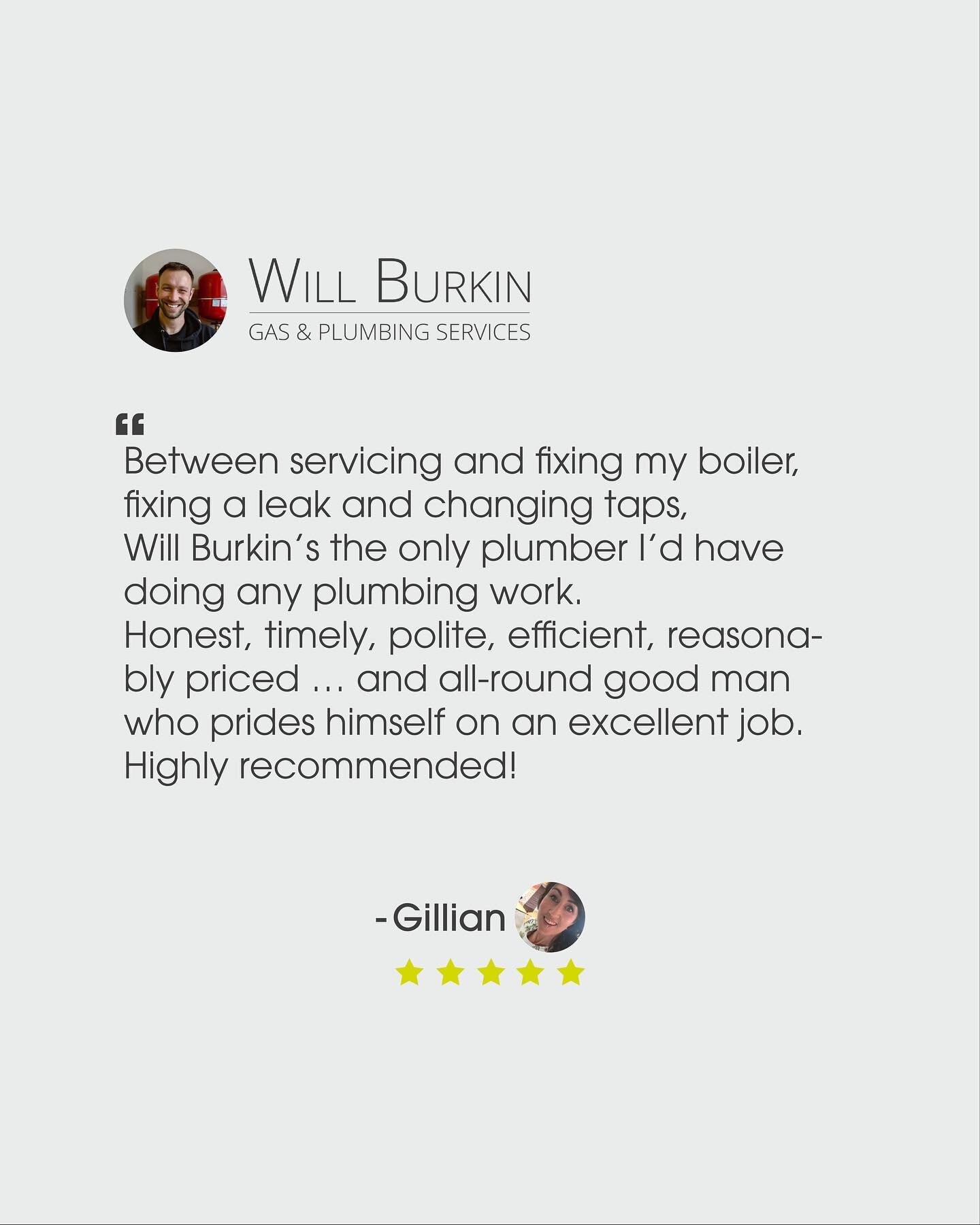 &quot;Between servicing and fixing my boiler, fixing a leak and changing taps, Will Burkin&rsquo;s the only plumber I&rsquo;d have doing any plumbing work. 
Honest, timely, polite, efficient, reasonably priced &hellip; and all-round good man who prid